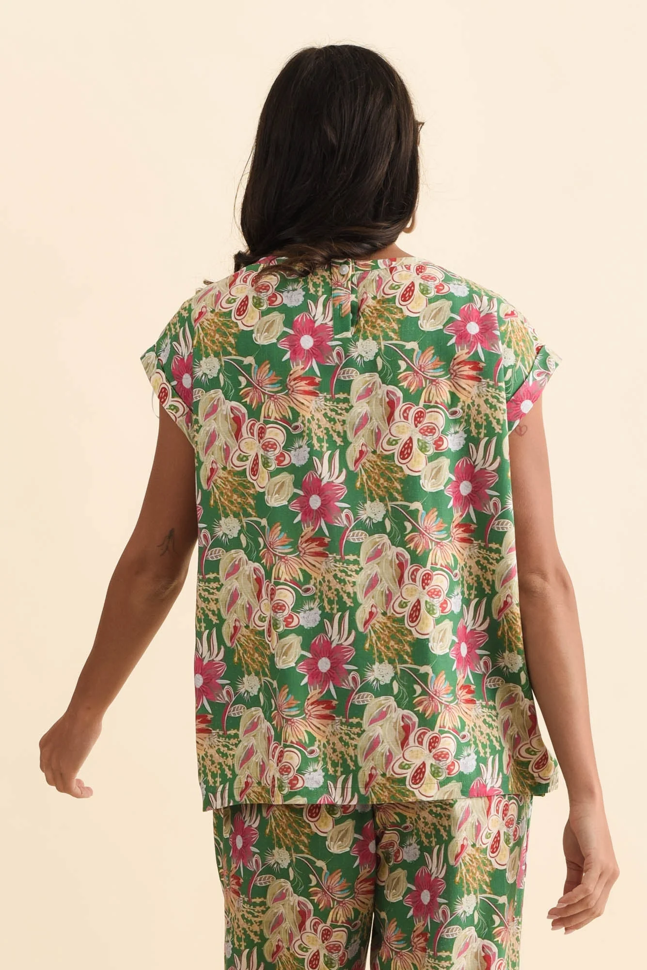 Alta Green Flower Linen Cotton Top - Image 5