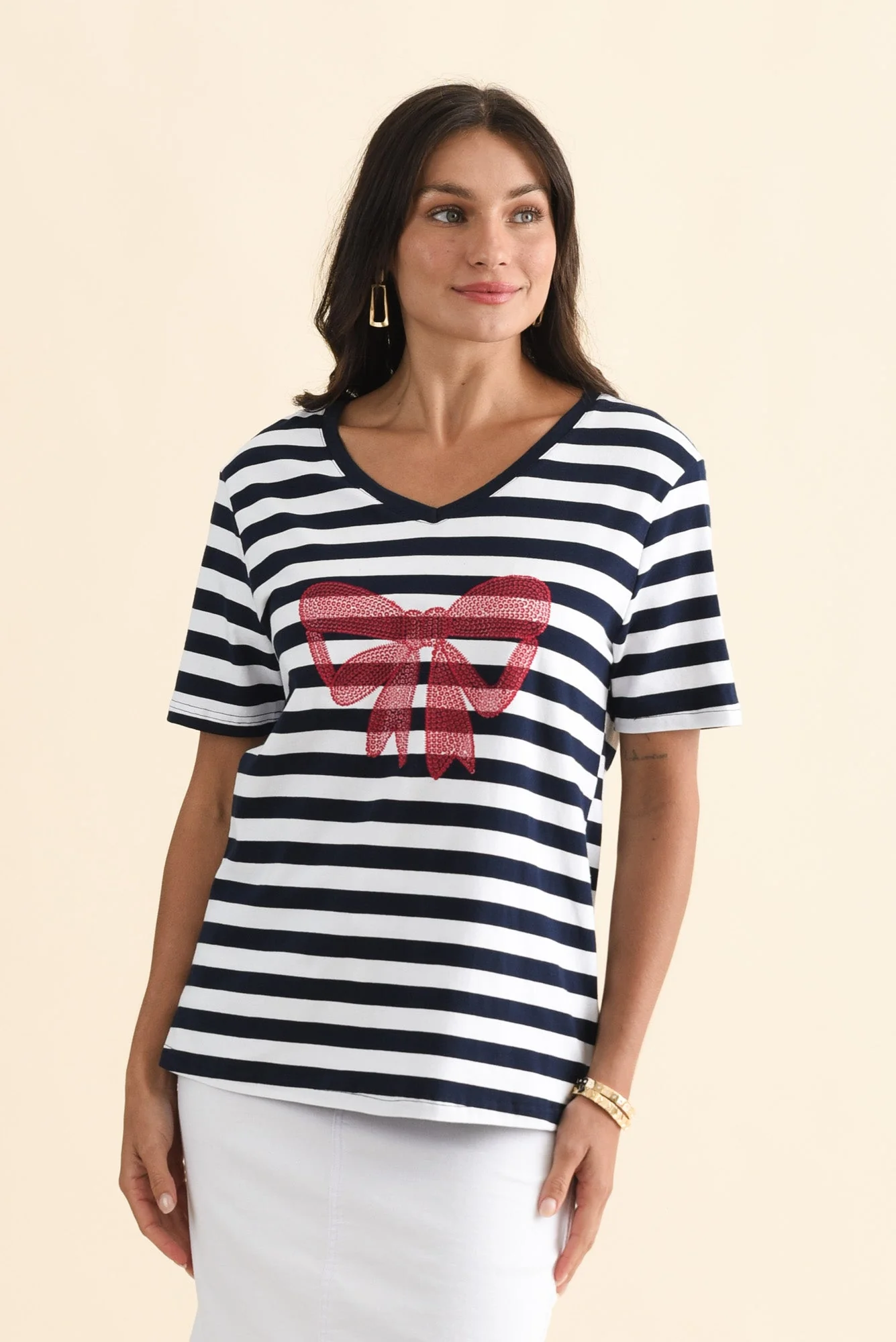 Bowie Navy Stripe Bow Cotton Tee