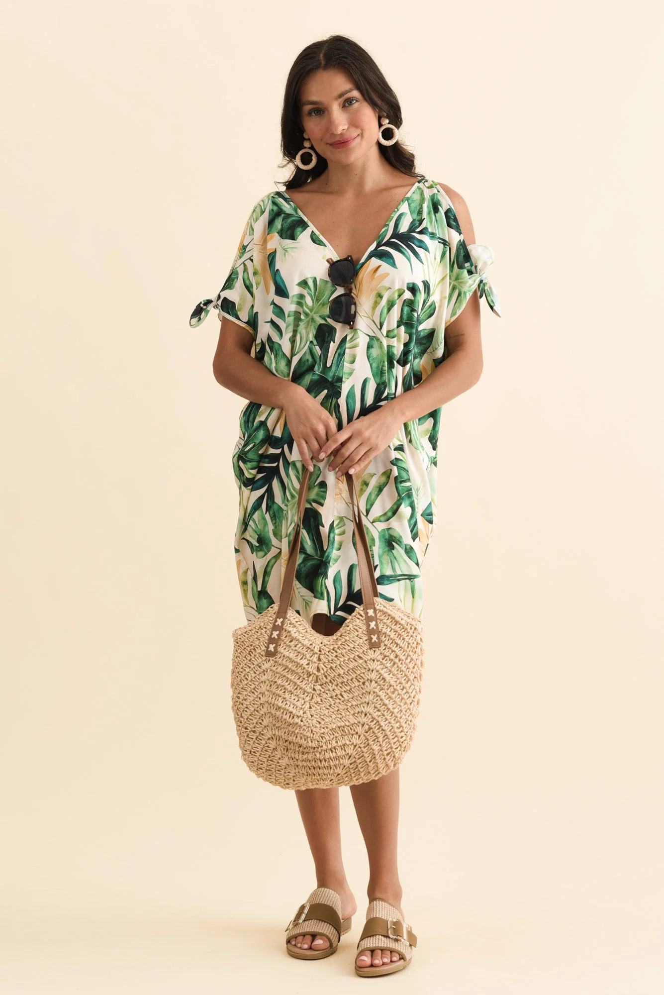 Candice Green Leaf Cold Shoulder Kaftan