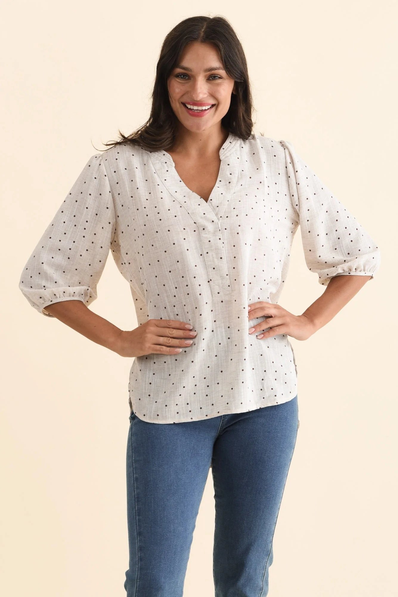 Carmin Beige Spot Linen Blend Top