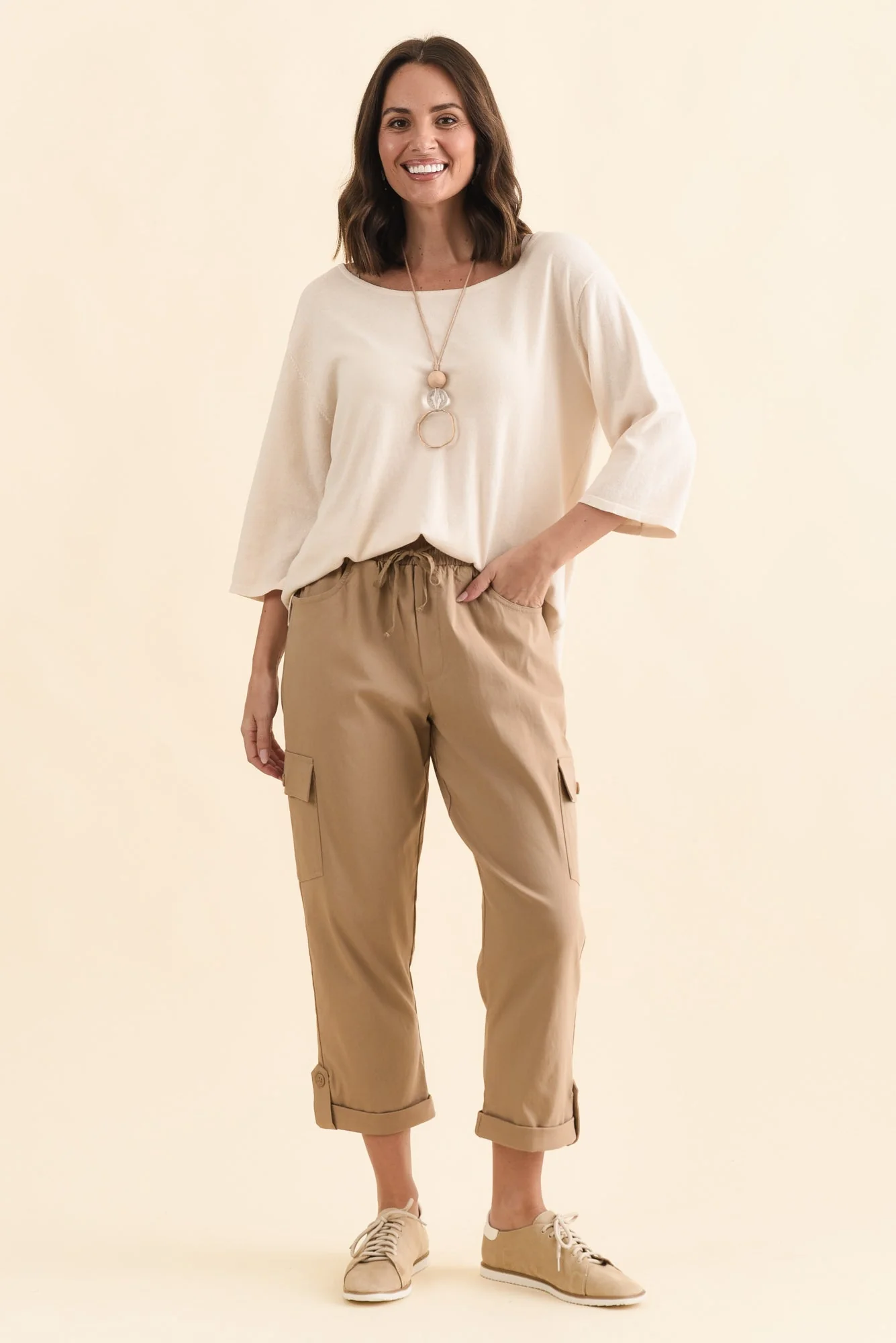 Cindy Beige Denim Cargo Pants - Image 7
