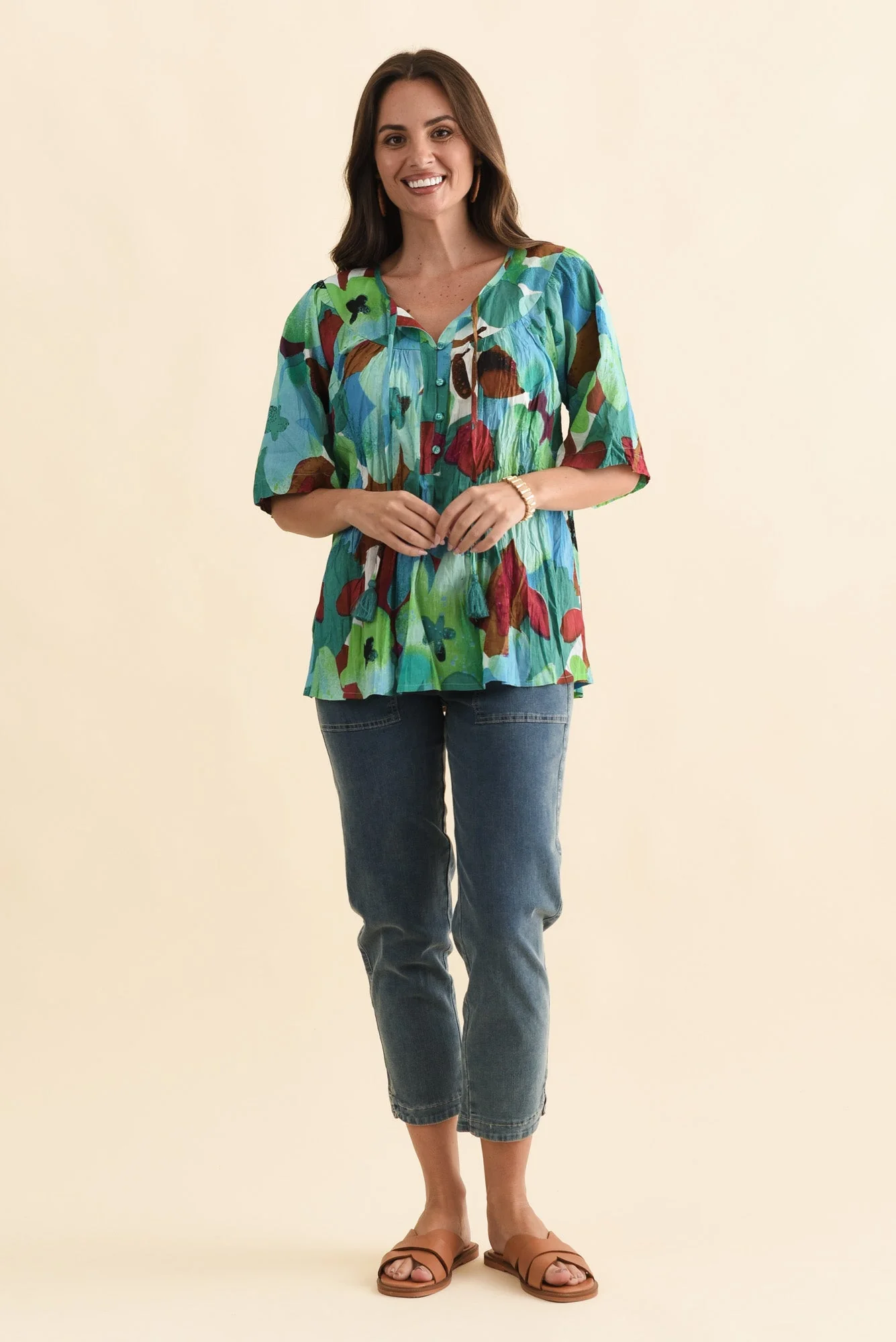 Claris Teal Flower Crinkle Cotton Top - Image 7