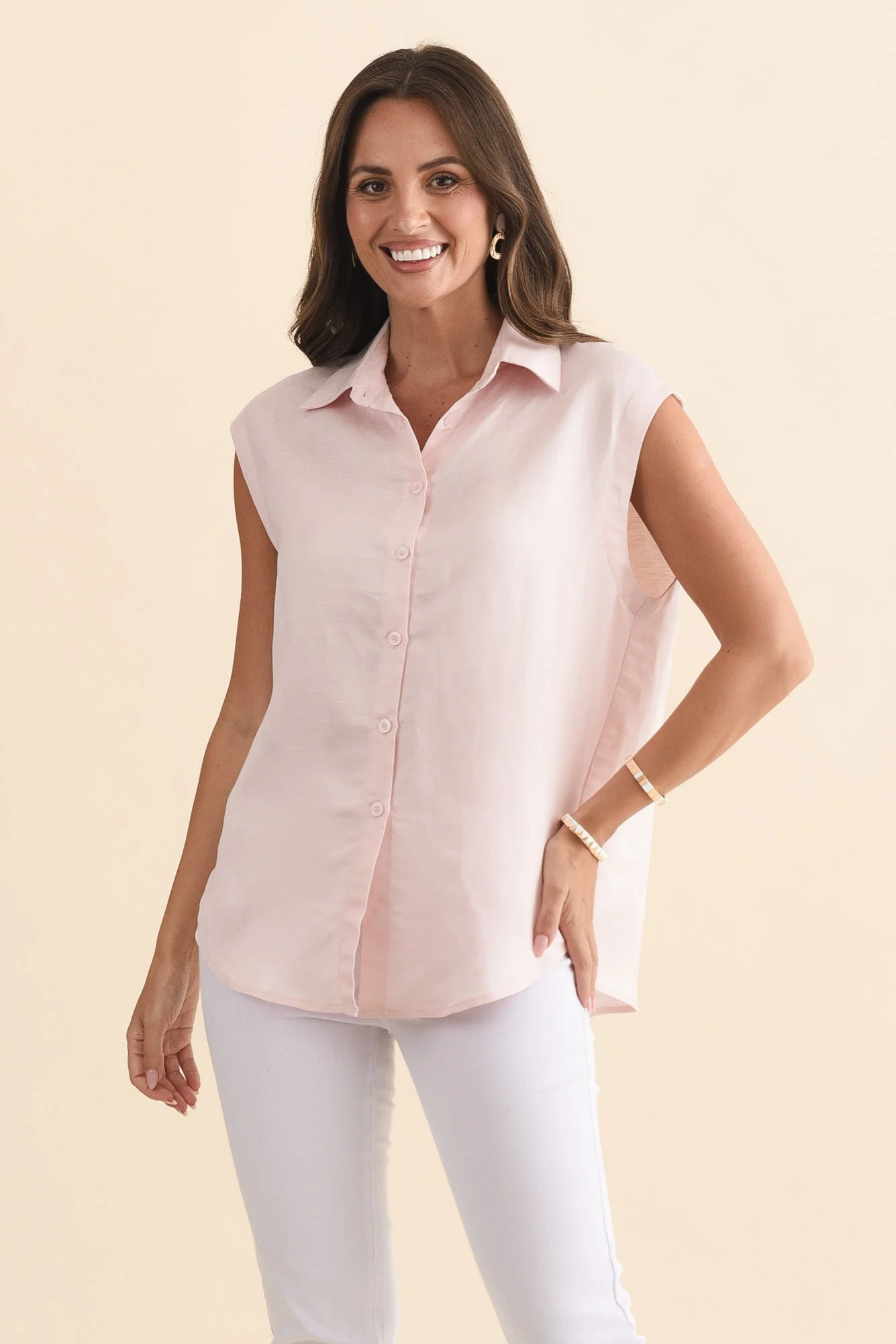 Corbin Pink Linen Blend Button Top