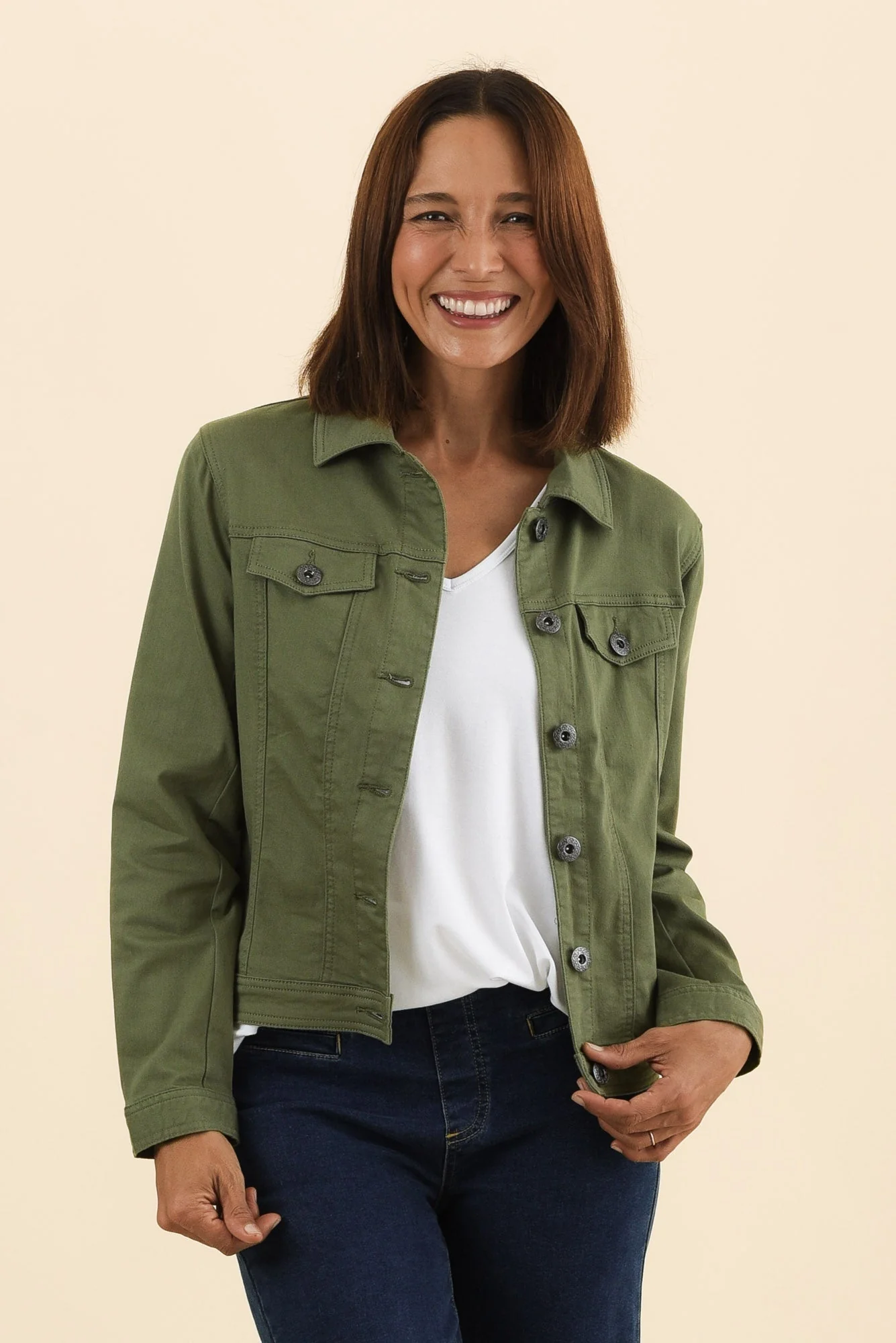 Danielle Khaki Stretch Jean Jacket - Image 2