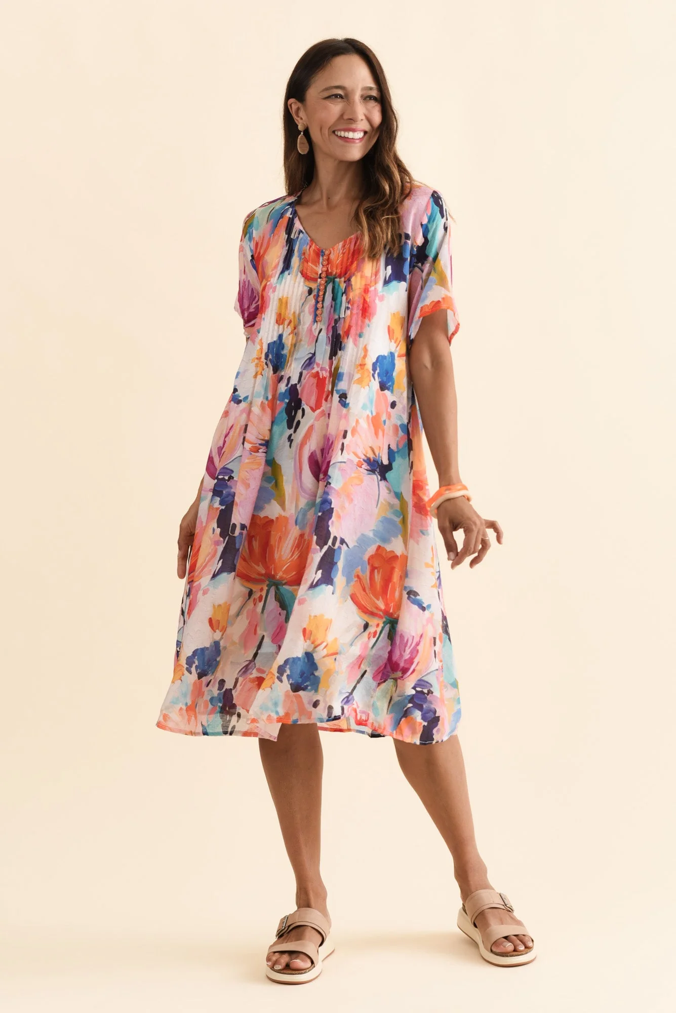 Debbie Orange Floral Pleated Dress - Image 2