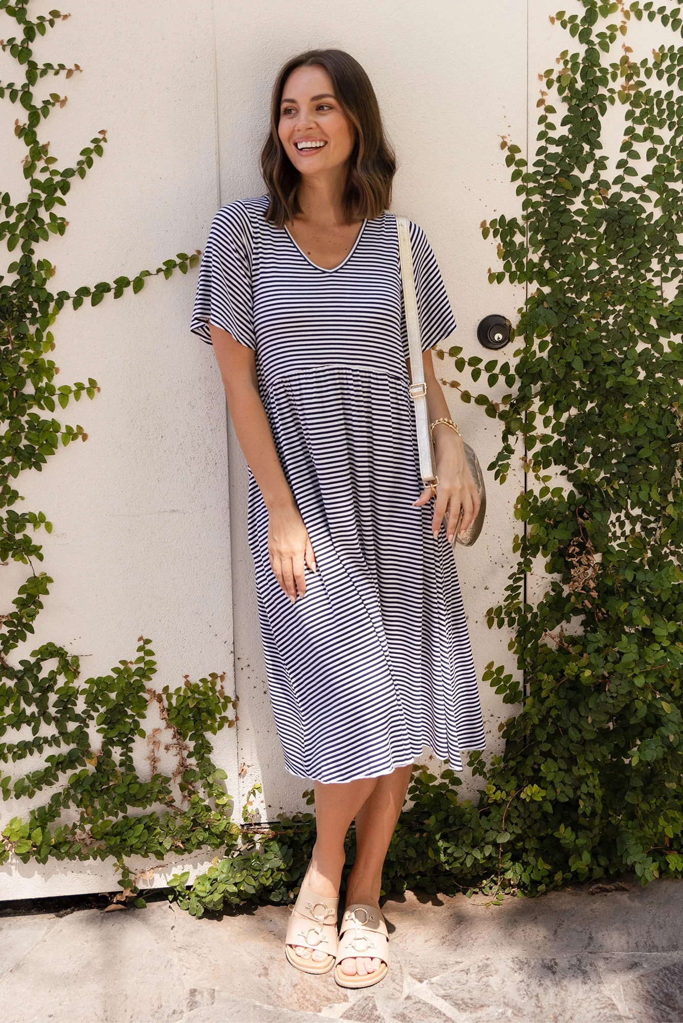 Donna Navy Stripe Gathered Dress