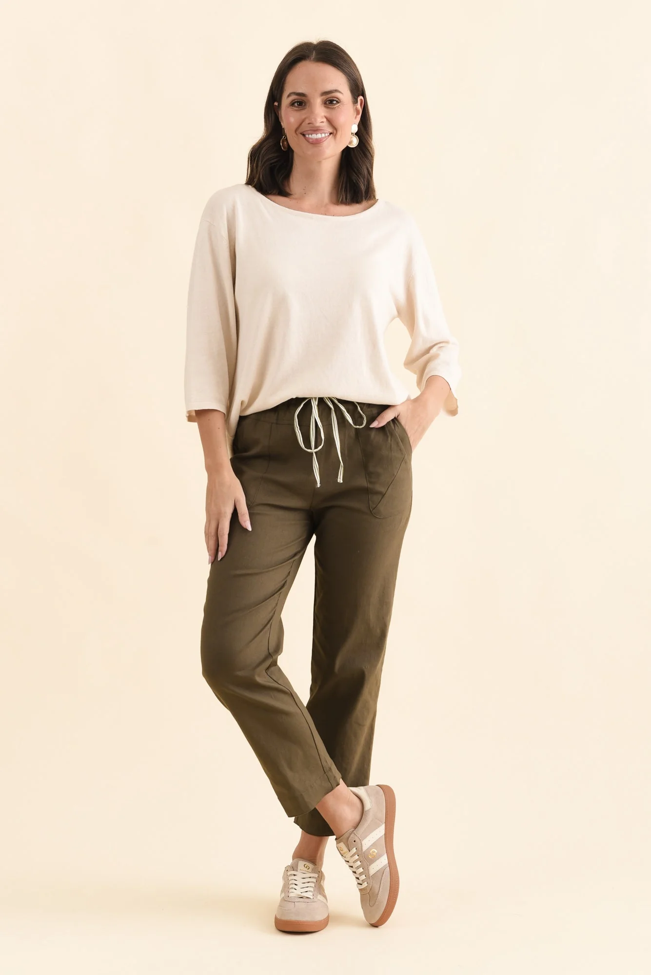 Edia Khaki Linen Blend Pants - Image 7