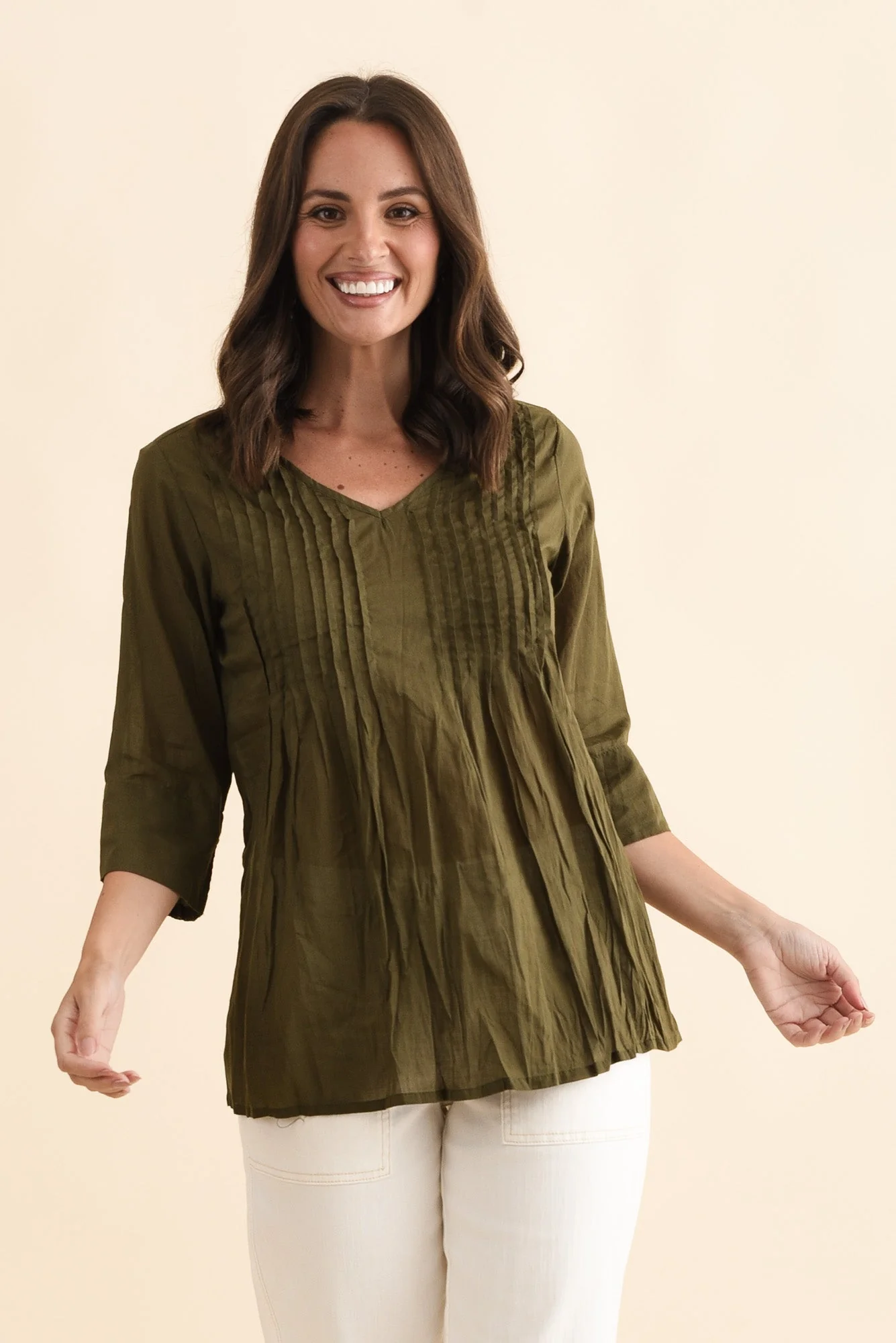 Fia Khaki Sleeved Crinkle Cotton Top