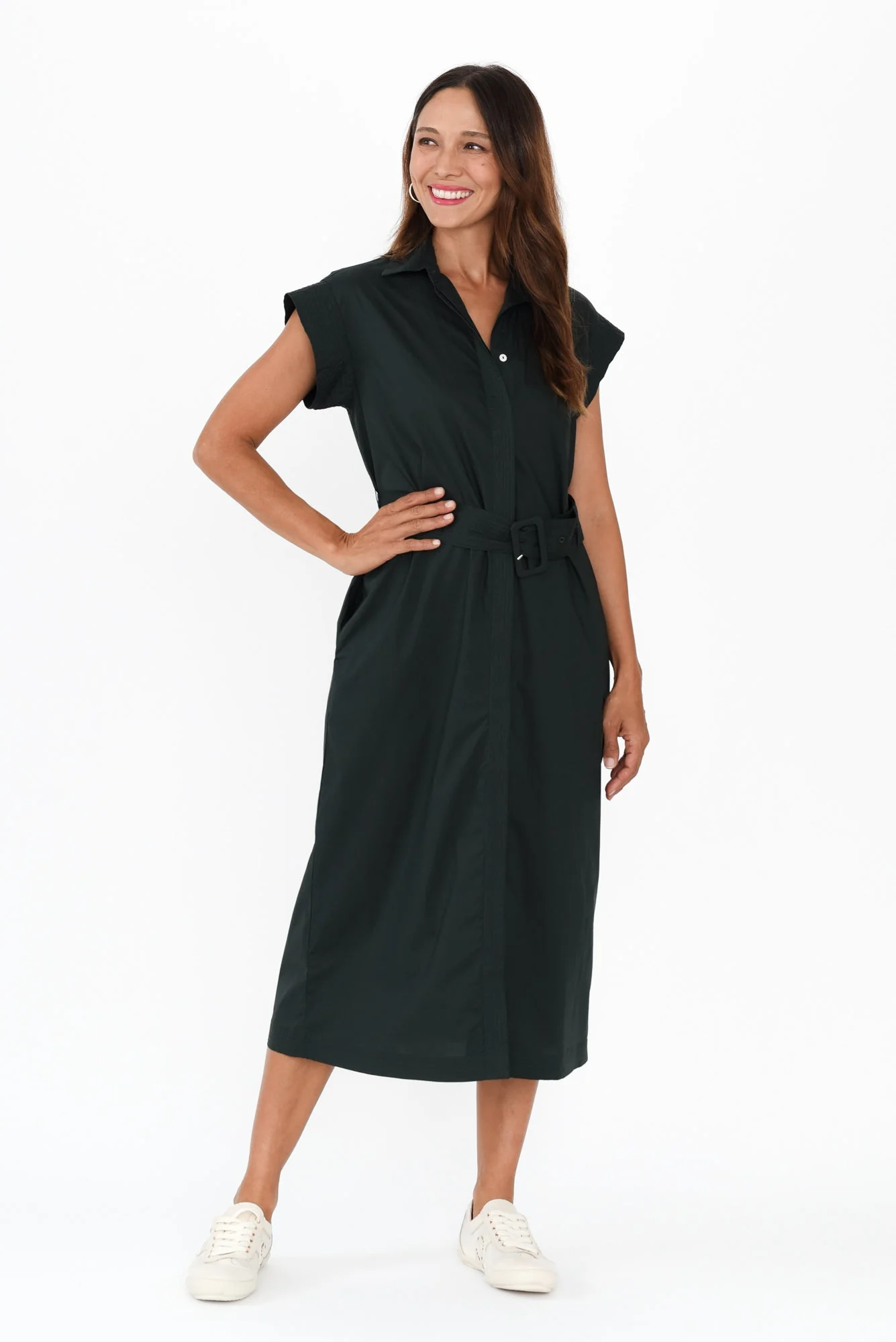 Gail Black Cotton Belted Dress