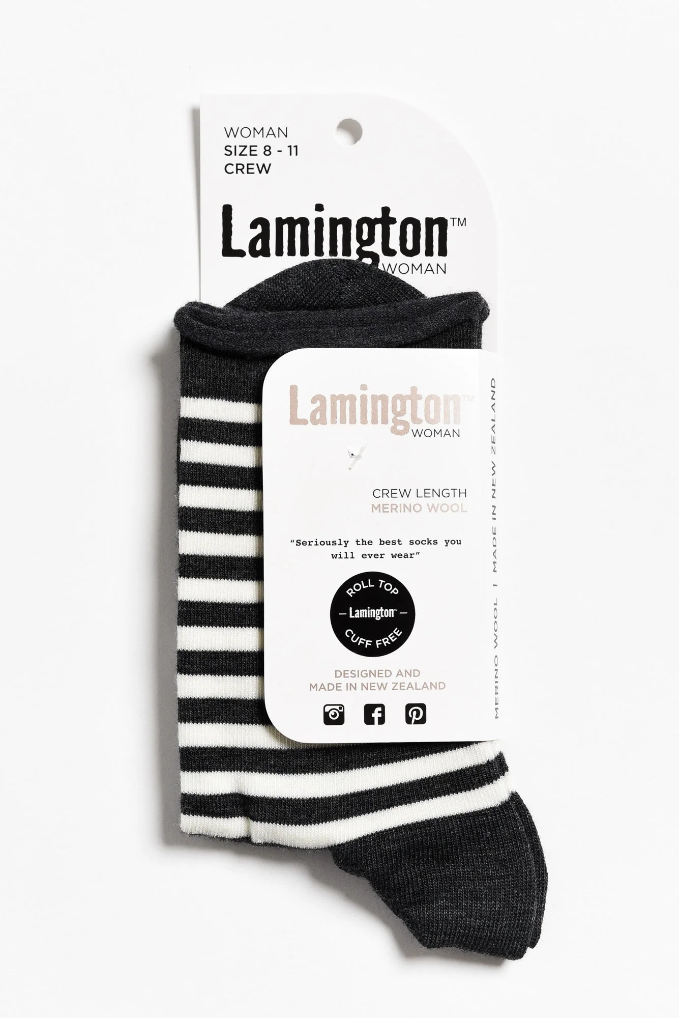 Grey Stripe Merino Wool Rolled Crew Socks - Image 2
