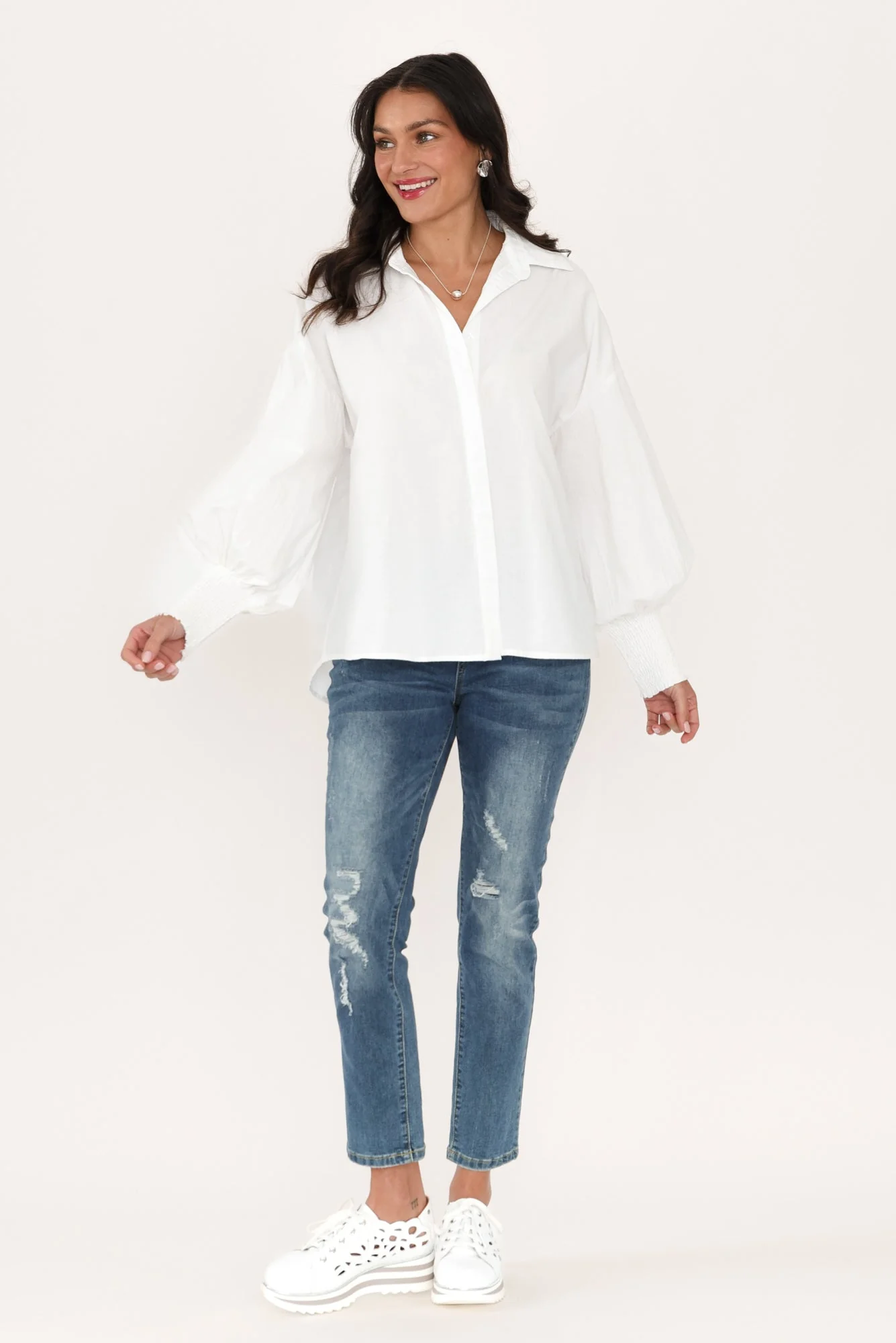 Iona White Cotton Puff Sleeve Shirt - Image 2
