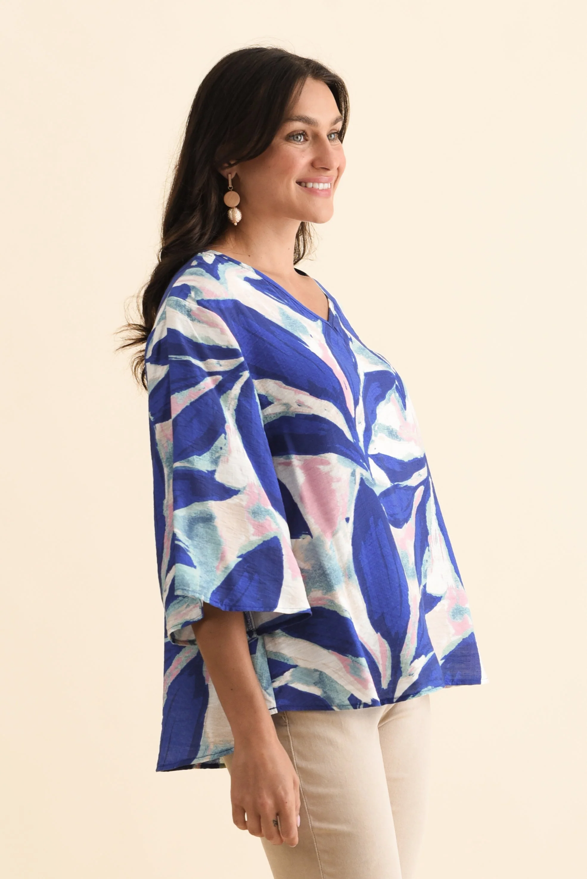 Janelle Blue Leaf V Neck Top - Image 4
