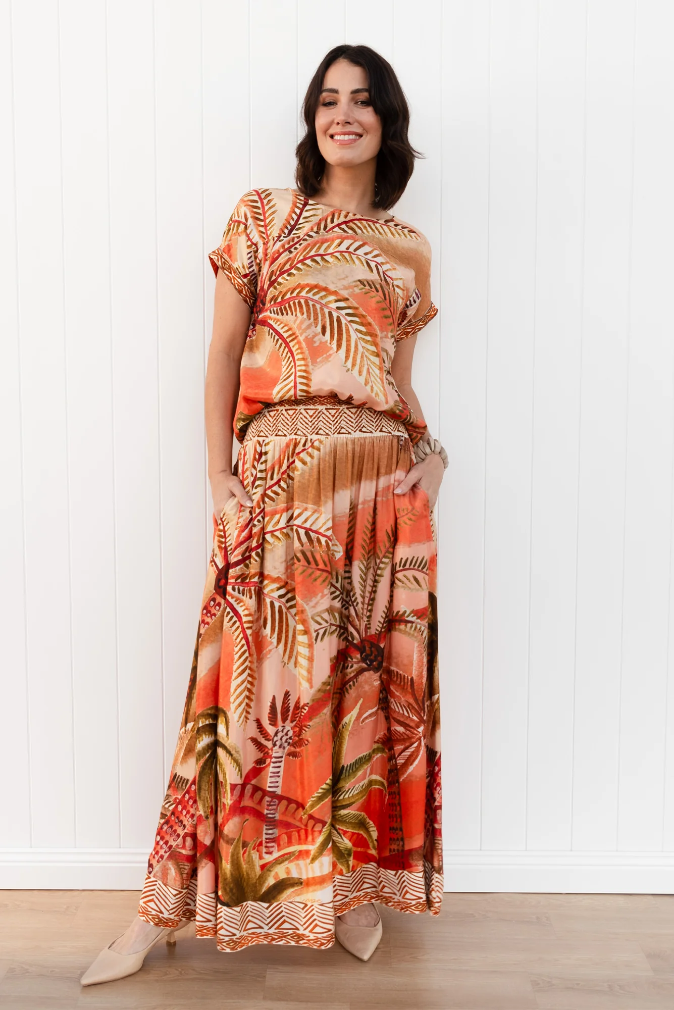 Jeannie Orange Palm Maxi Skirt