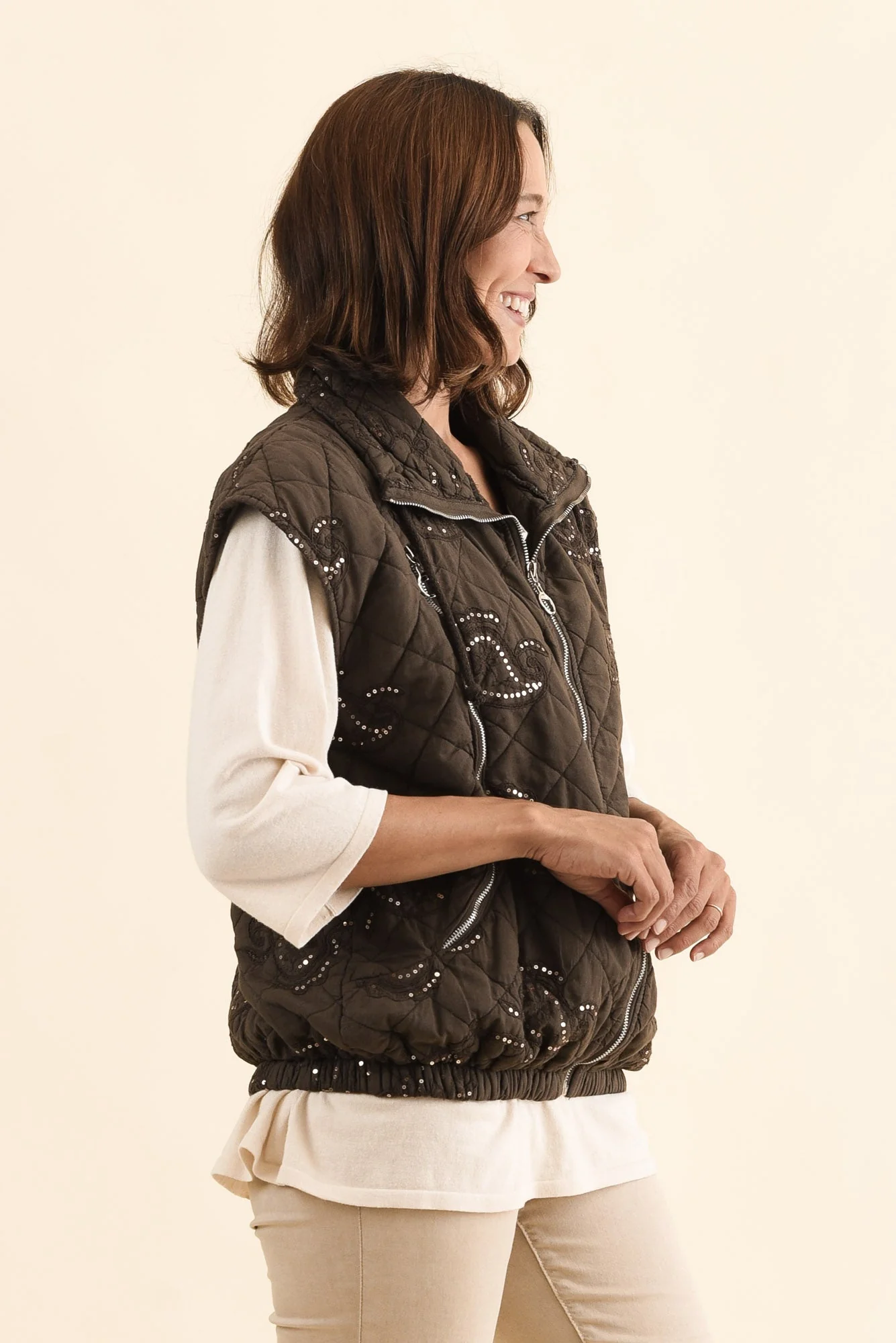 Kaylani Chocolate Sequin Quilted Vest - Image 4