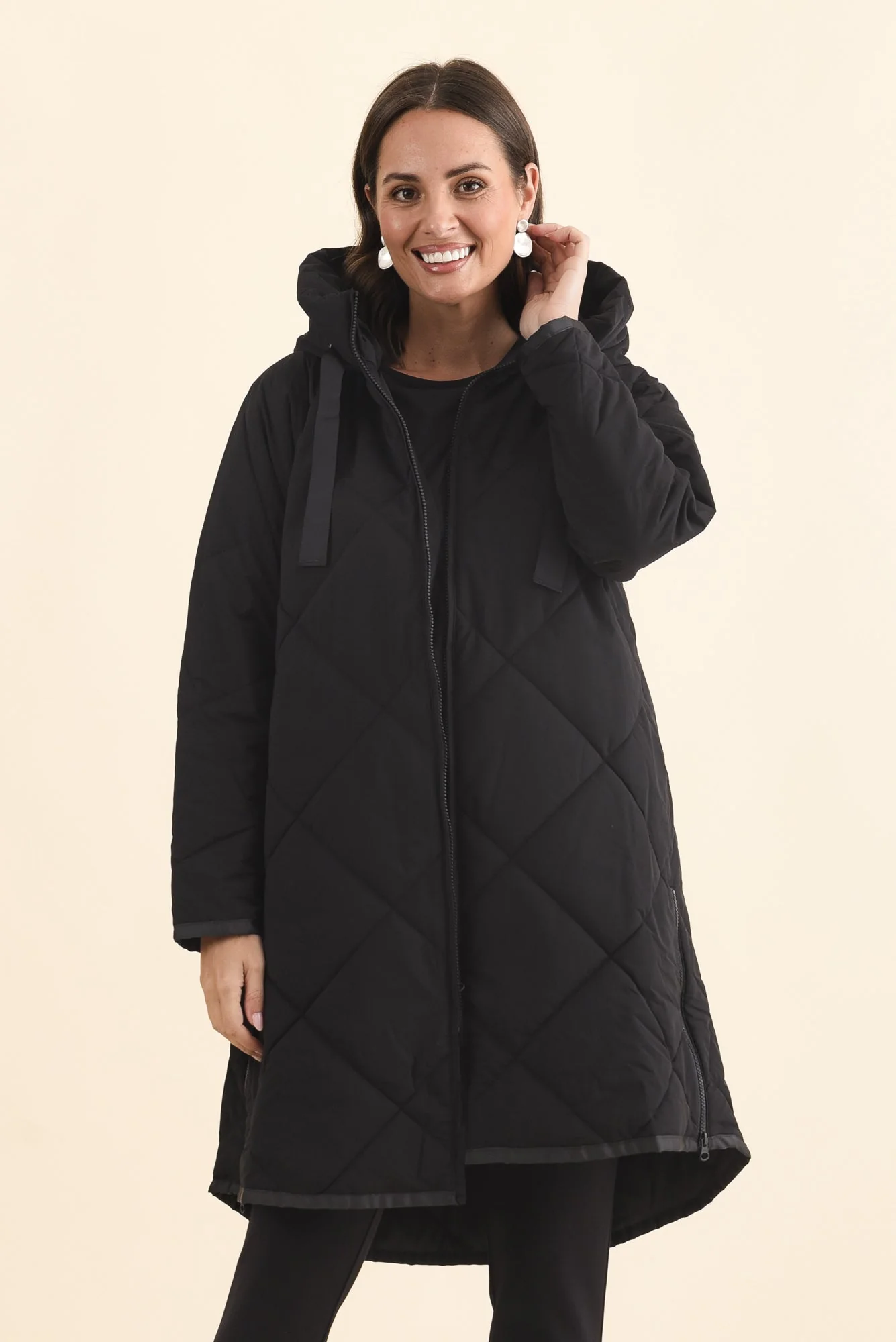 Koami Black Quilted Hooded Coat