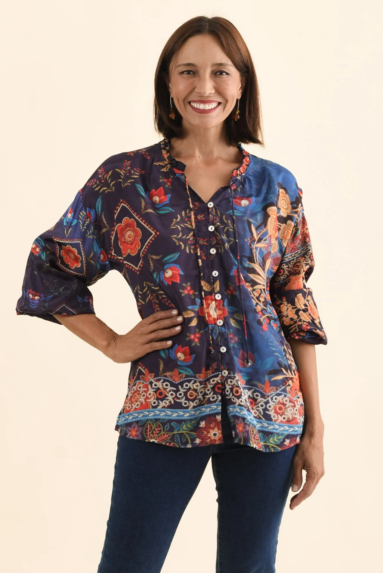 Laria Navy Botanical Button Top