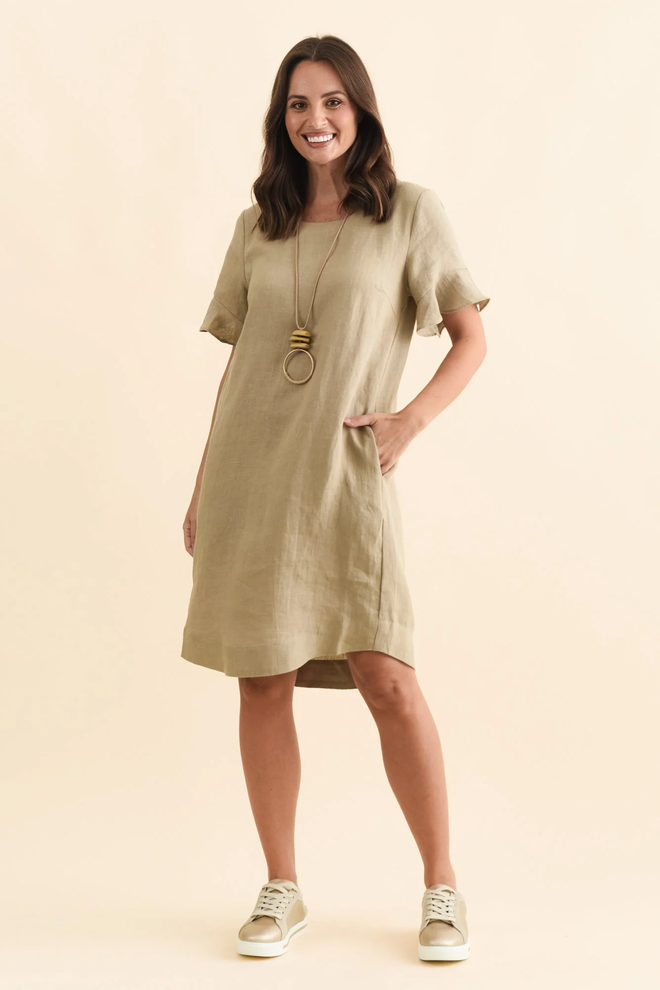 Lesley Taupe Linen Flutter Sleeve Dress - Image 2