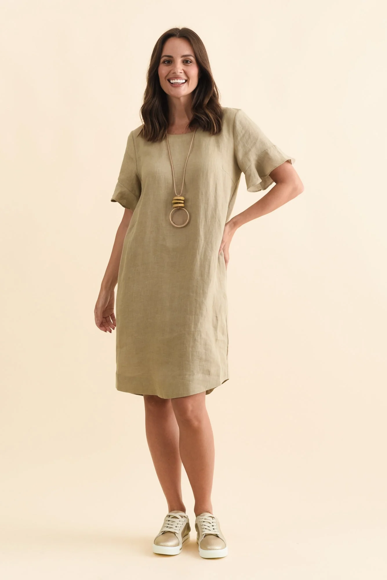 Lesley Taupe Linen Flutter Sleeve Dress - Image 3