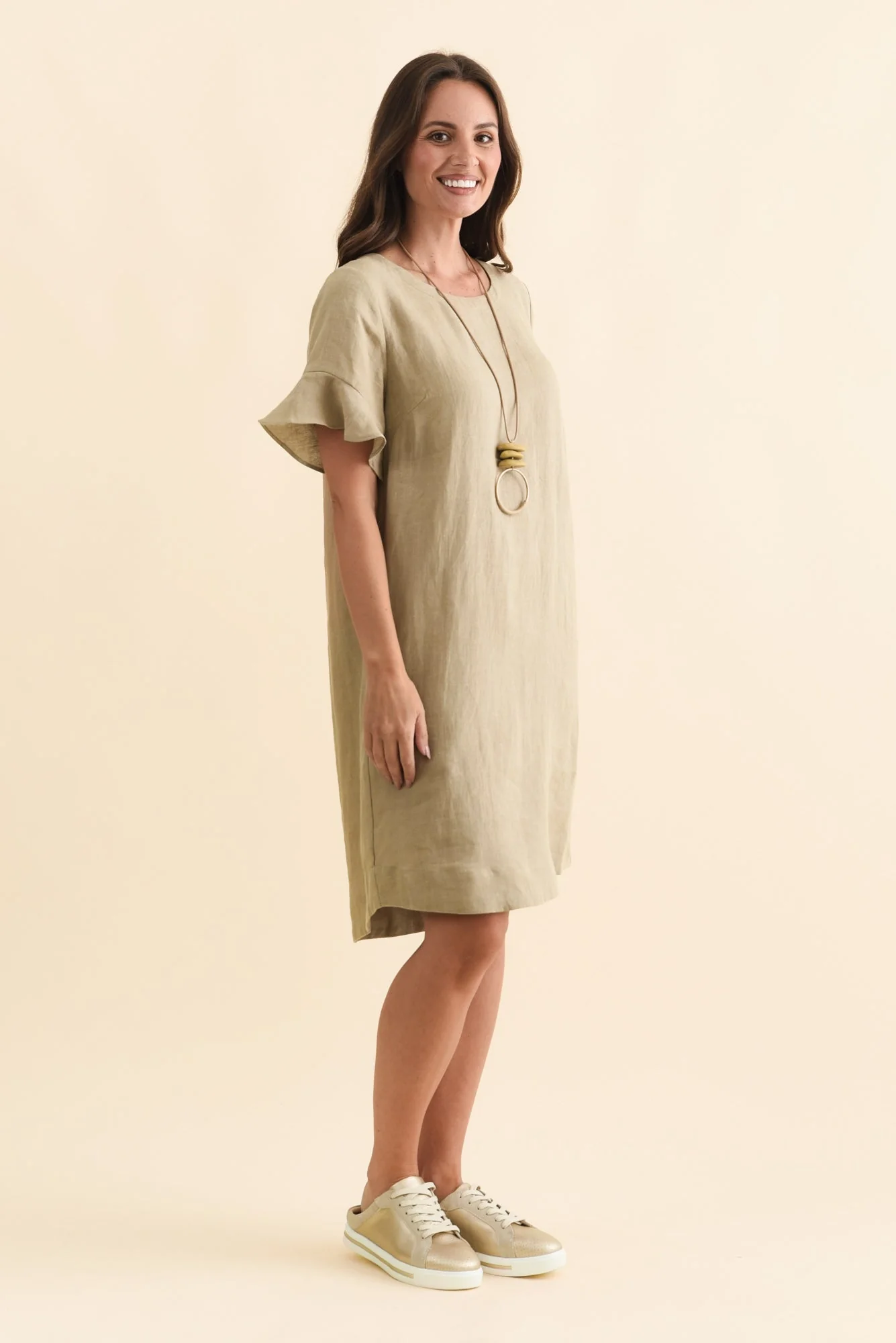Lesley Taupe Linen Flutter Sleeve Dress - Image 4
