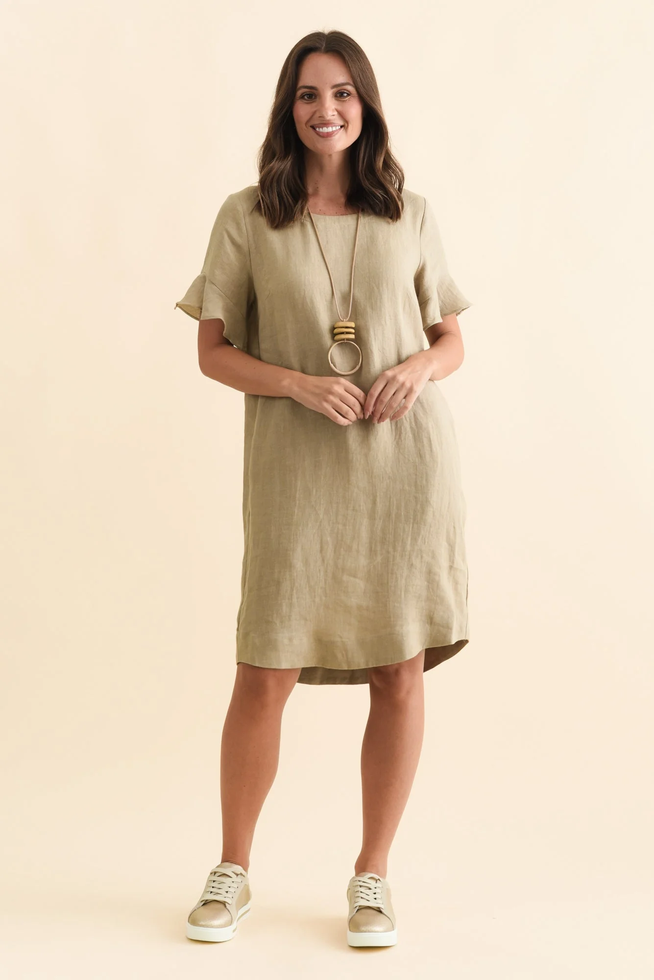 Lesley Taupe Linen Flutter Sleeve Dress - Image 7