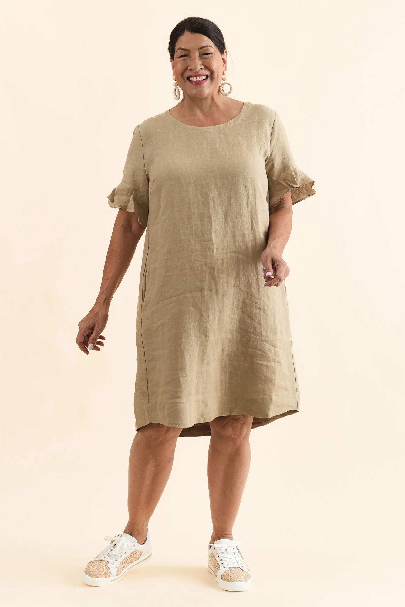 Lesley Taupe Linen Flutter Sleeve Dress - Image 9