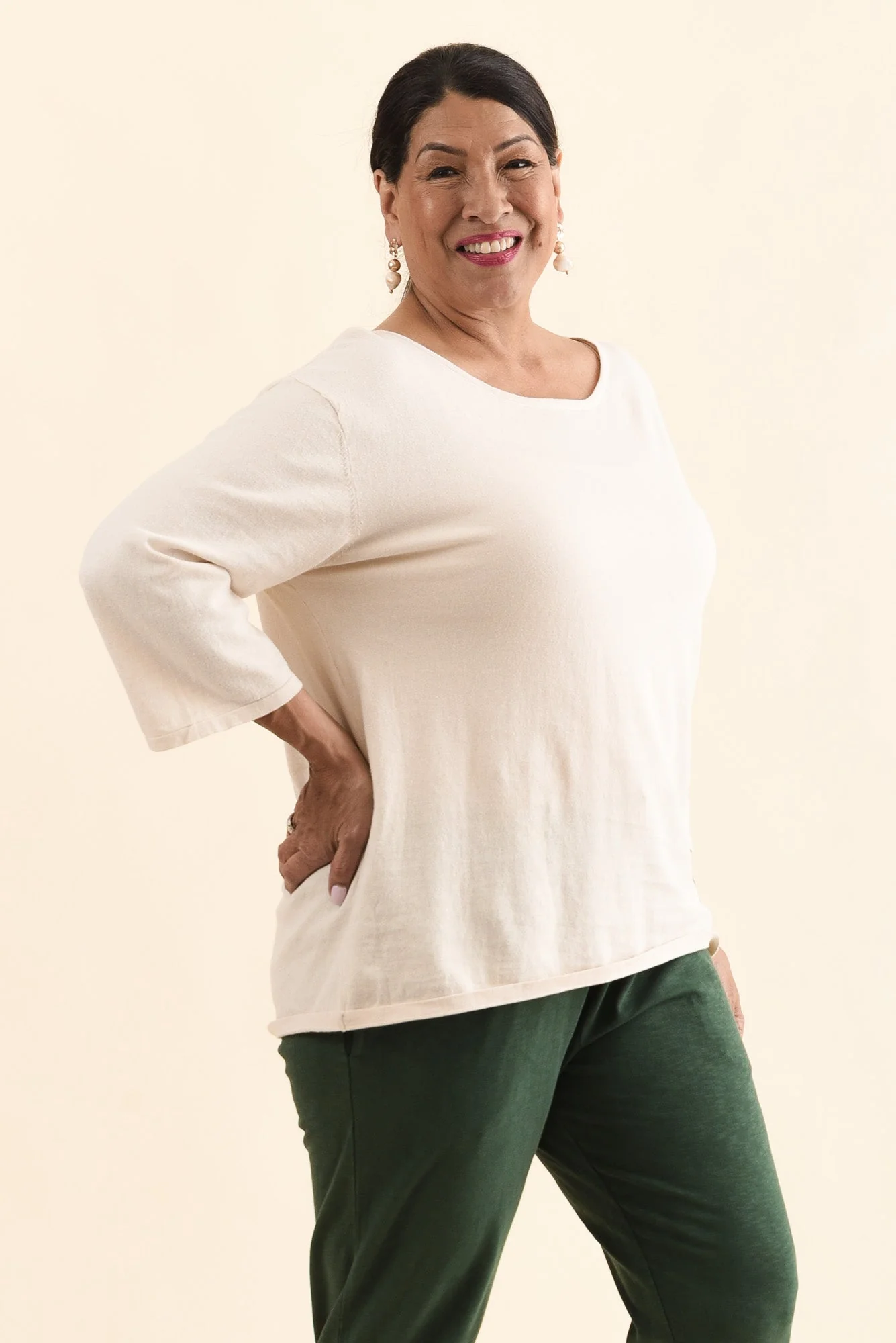 Liberty Beige Cotton Knit 3/4 Sleeve Top - Image 10