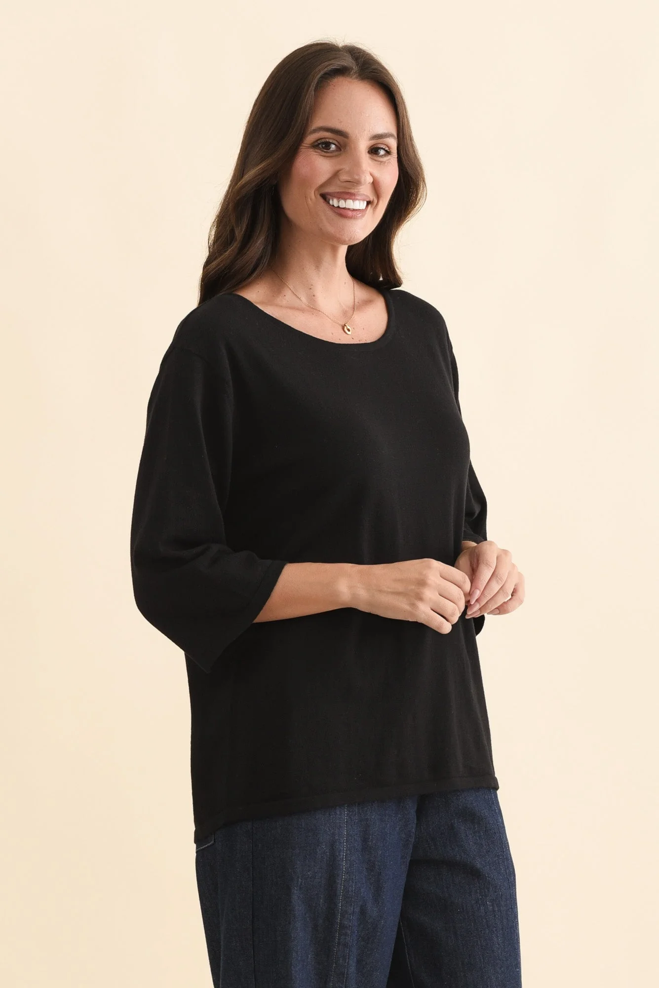 Liberty Black Cotton Knit 3/4 Sleeve Top - Image 4