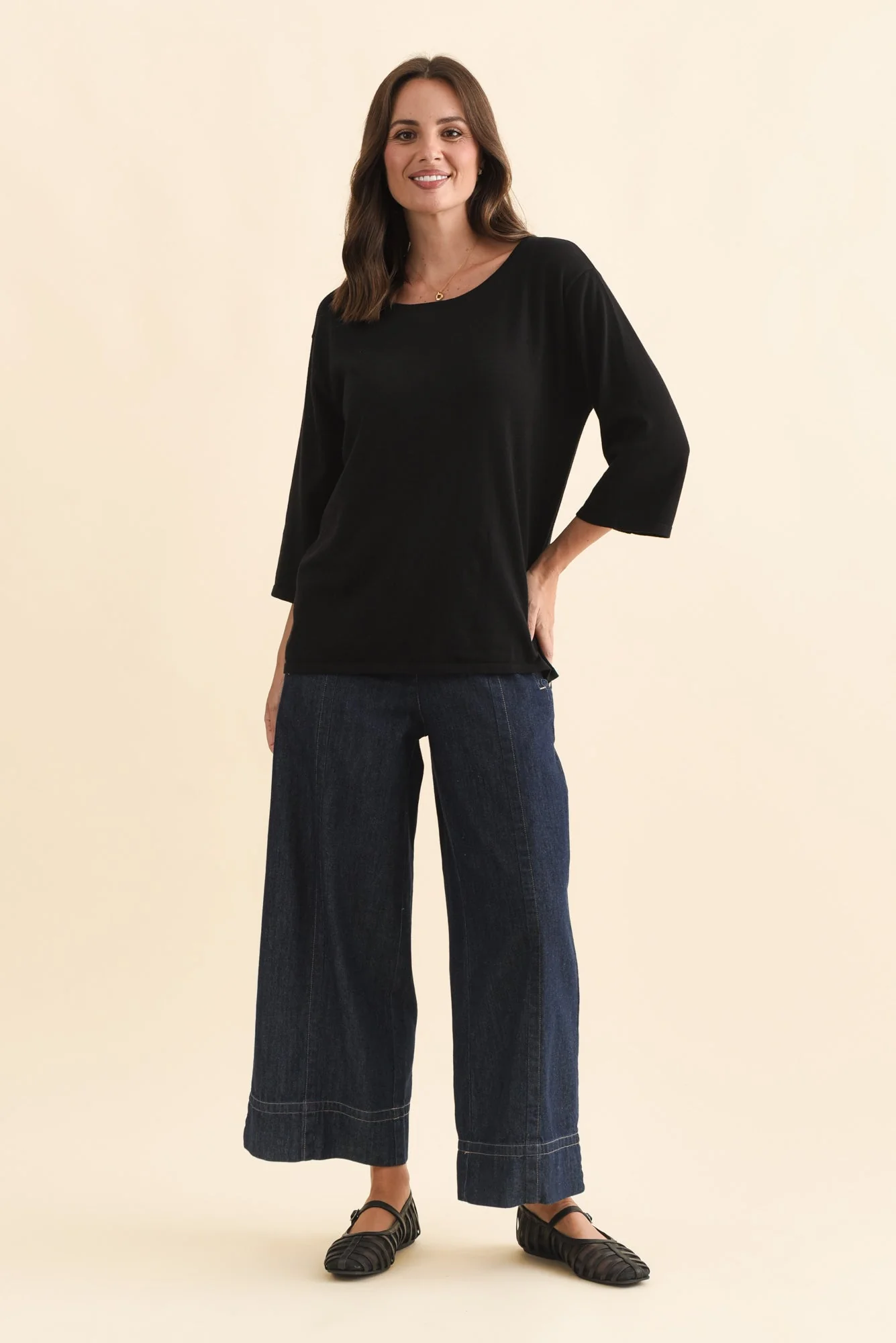 Liberty Black Cotton Knit 3/4 Sleeve Top - Image 7