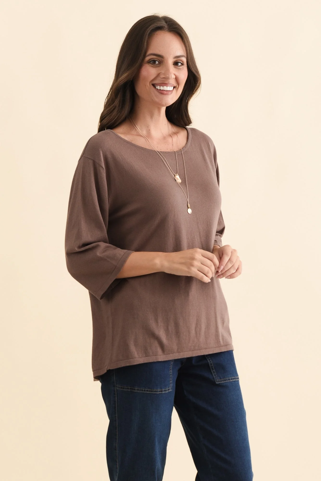 Liberty Chocolate Cotton Knit 3/4 Sleeve Top - Image 4