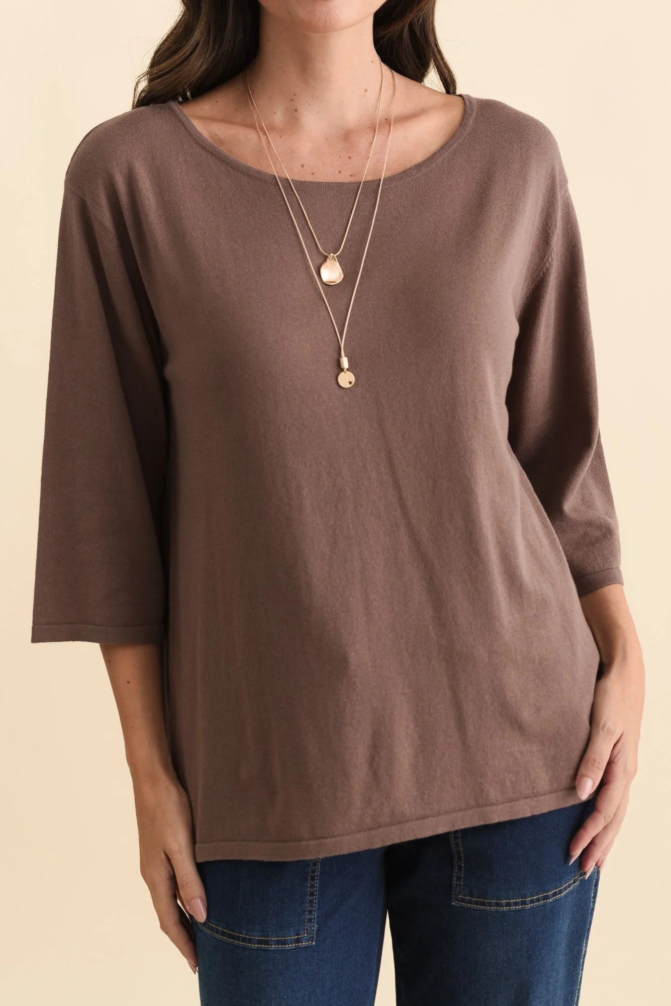 Liberty Chocolate Cotton Knit 3/4 Sleeve Top - Image 6