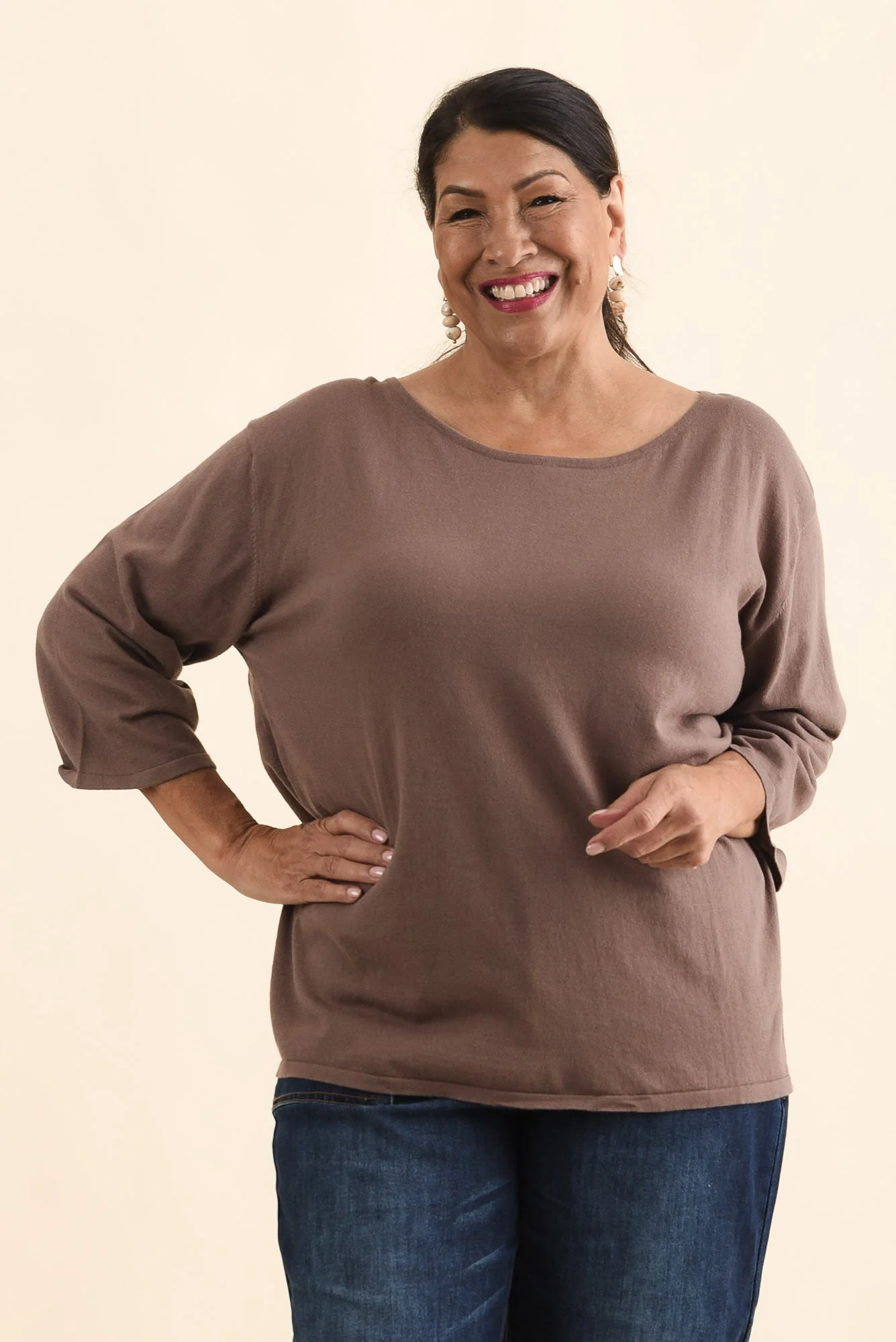Liberty Chocolate Cotton Knit 3/4 Sleeve Top - Image 8