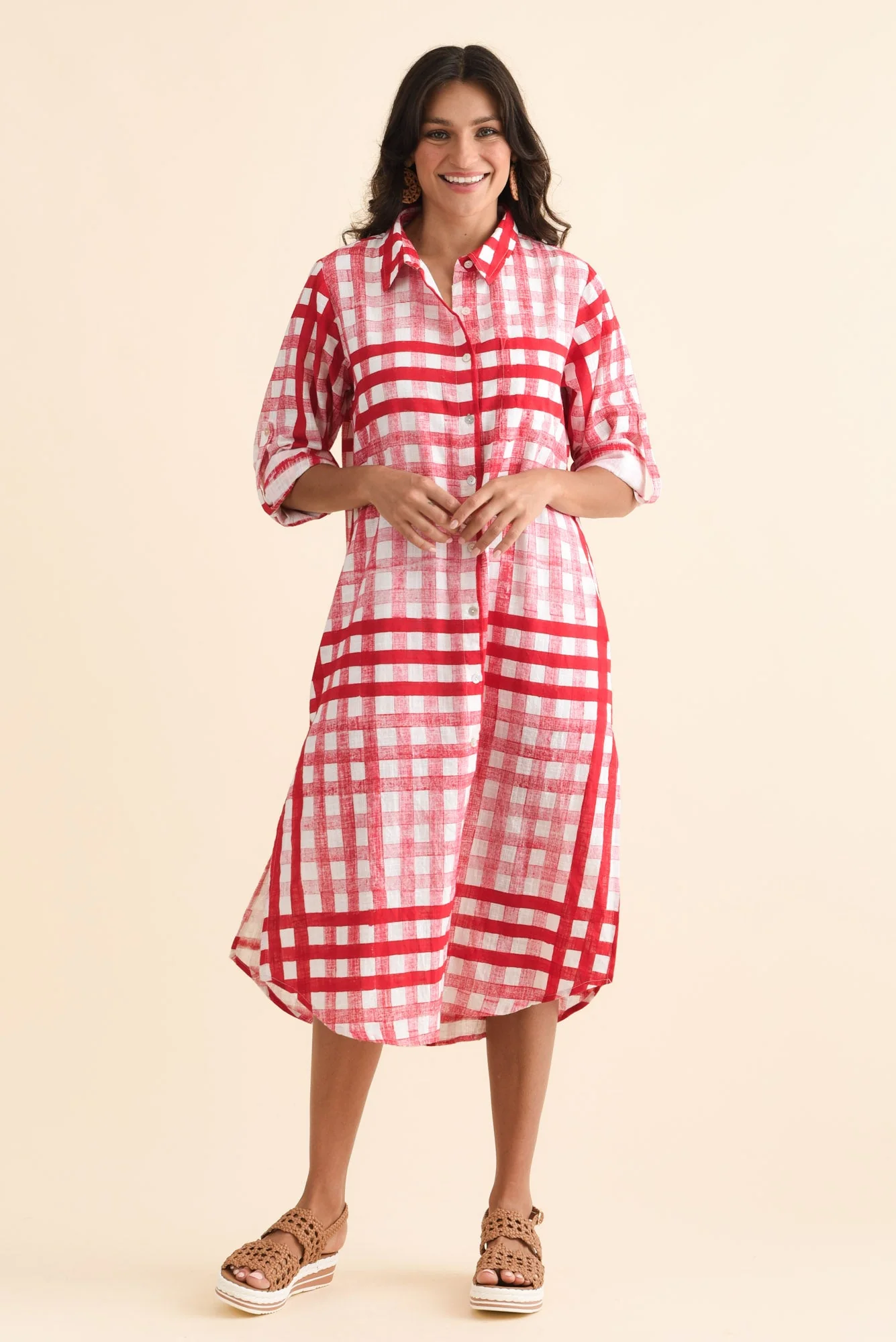 Macaria Red Check Cotton Shirt Dress - Image 2