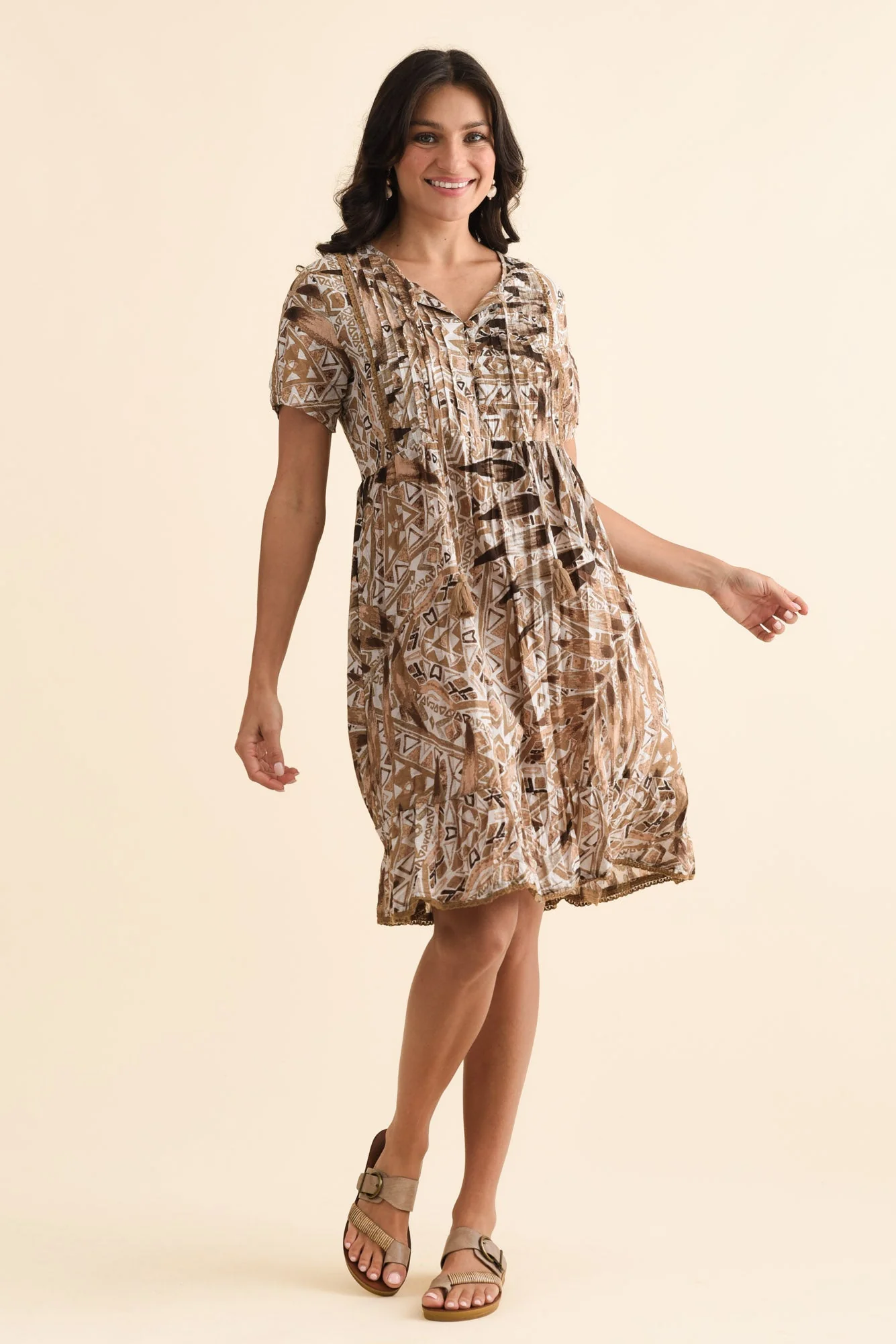 Marisol Brown Aztec Leaf Crinkle Cotton Dress