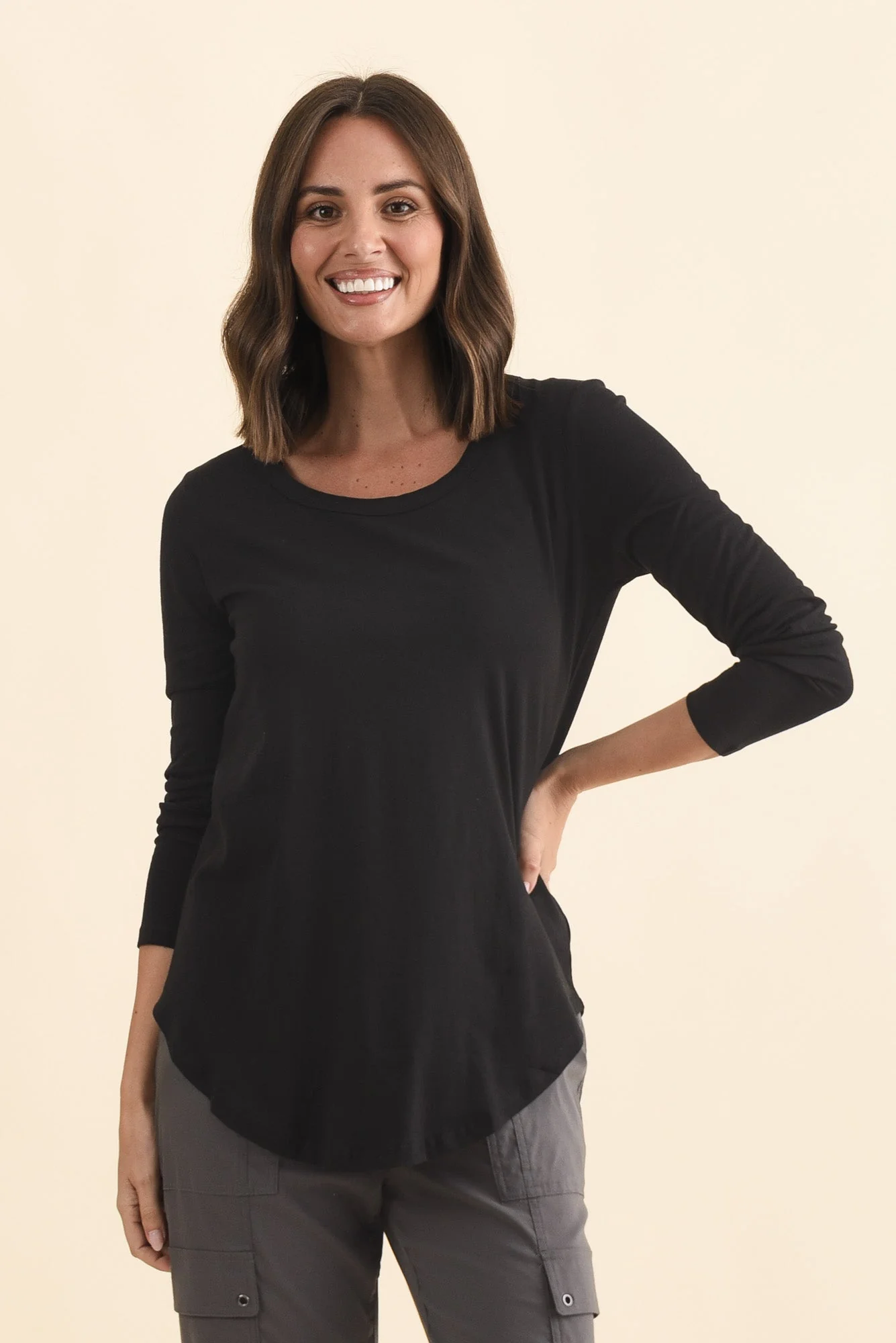 Megan Black Cotton Long Sleeve Top