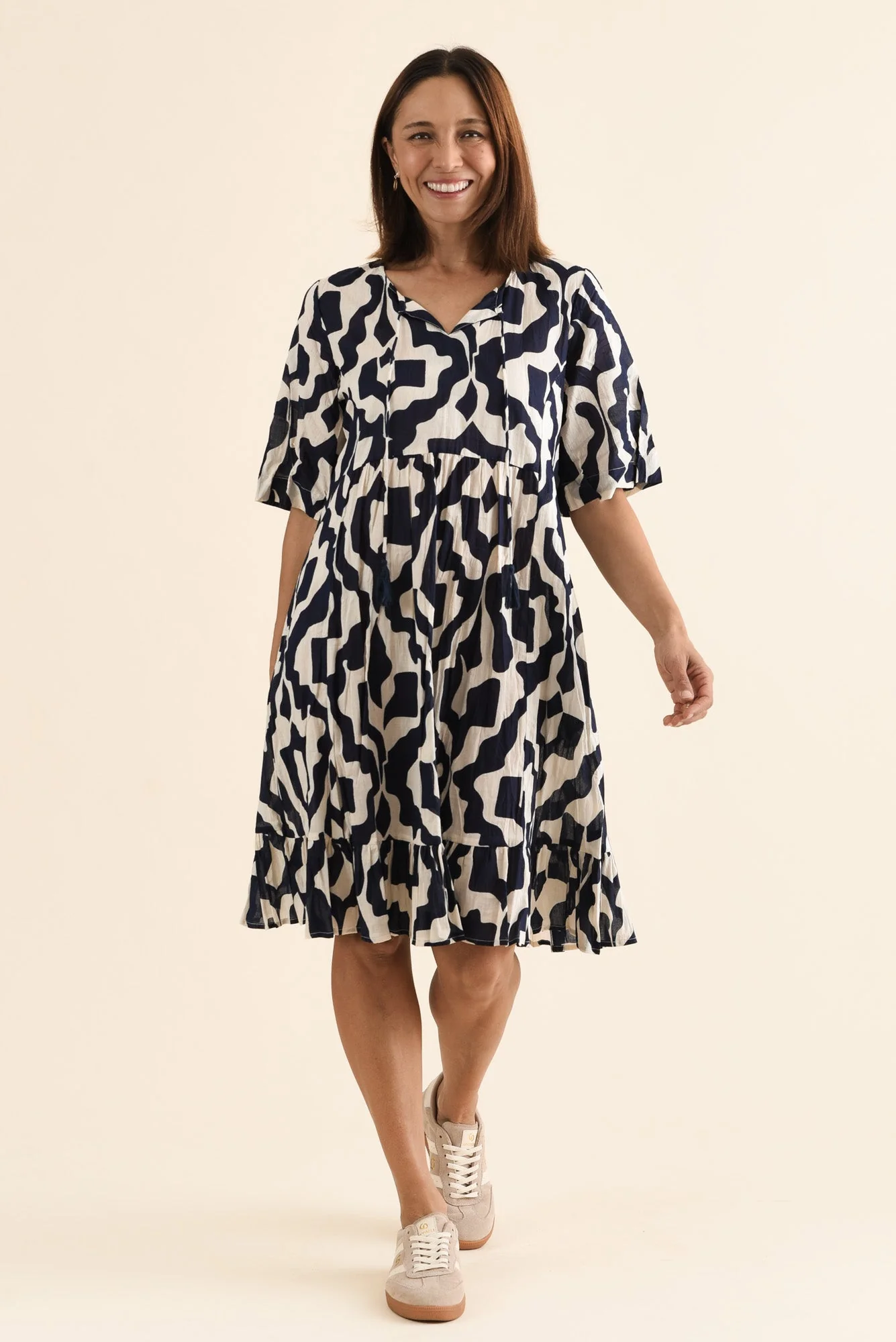 Mila Navy Motif Crinkle Cotton Dress - Image 2