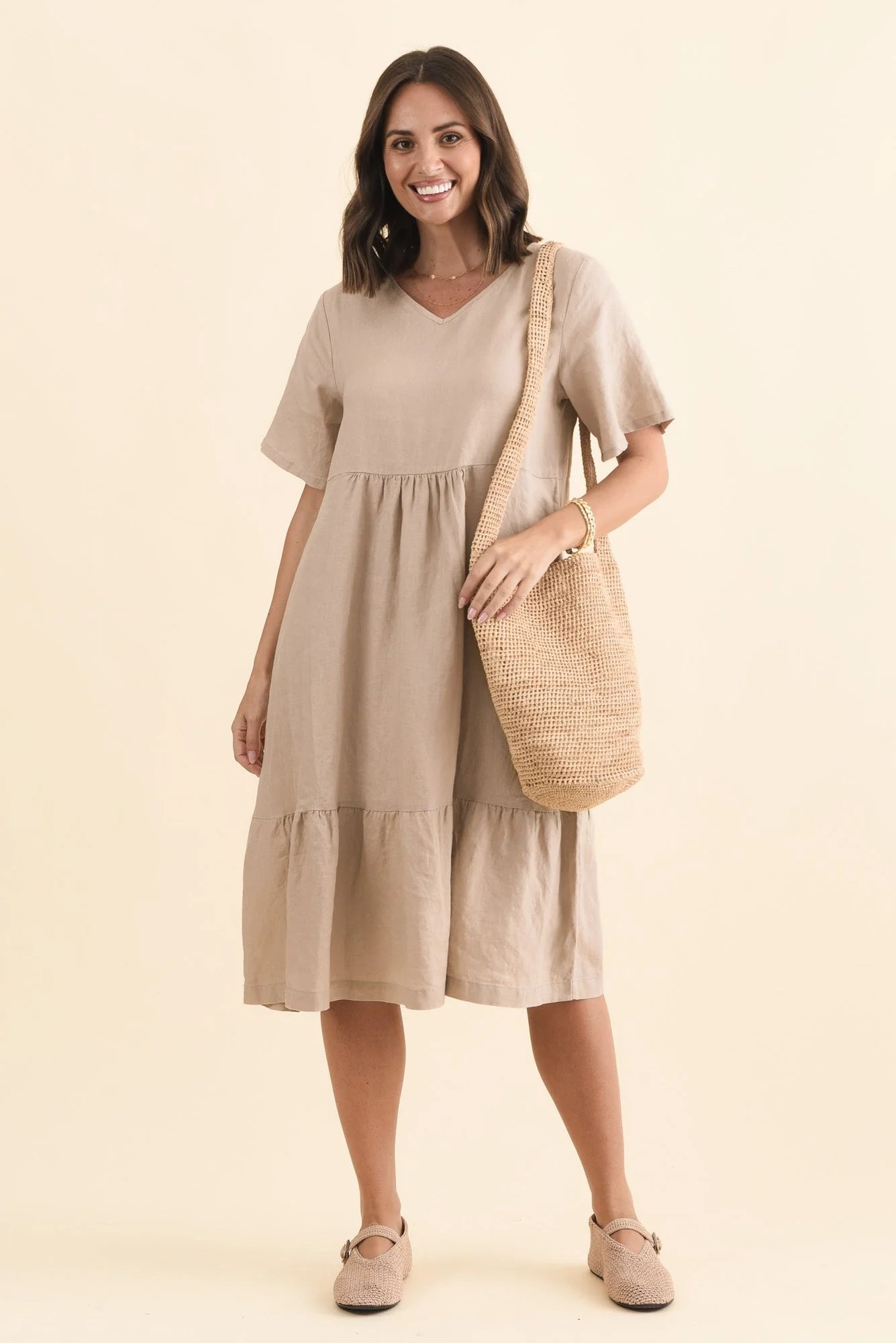 Miller Beige Linen Tiered Dress - Image 2