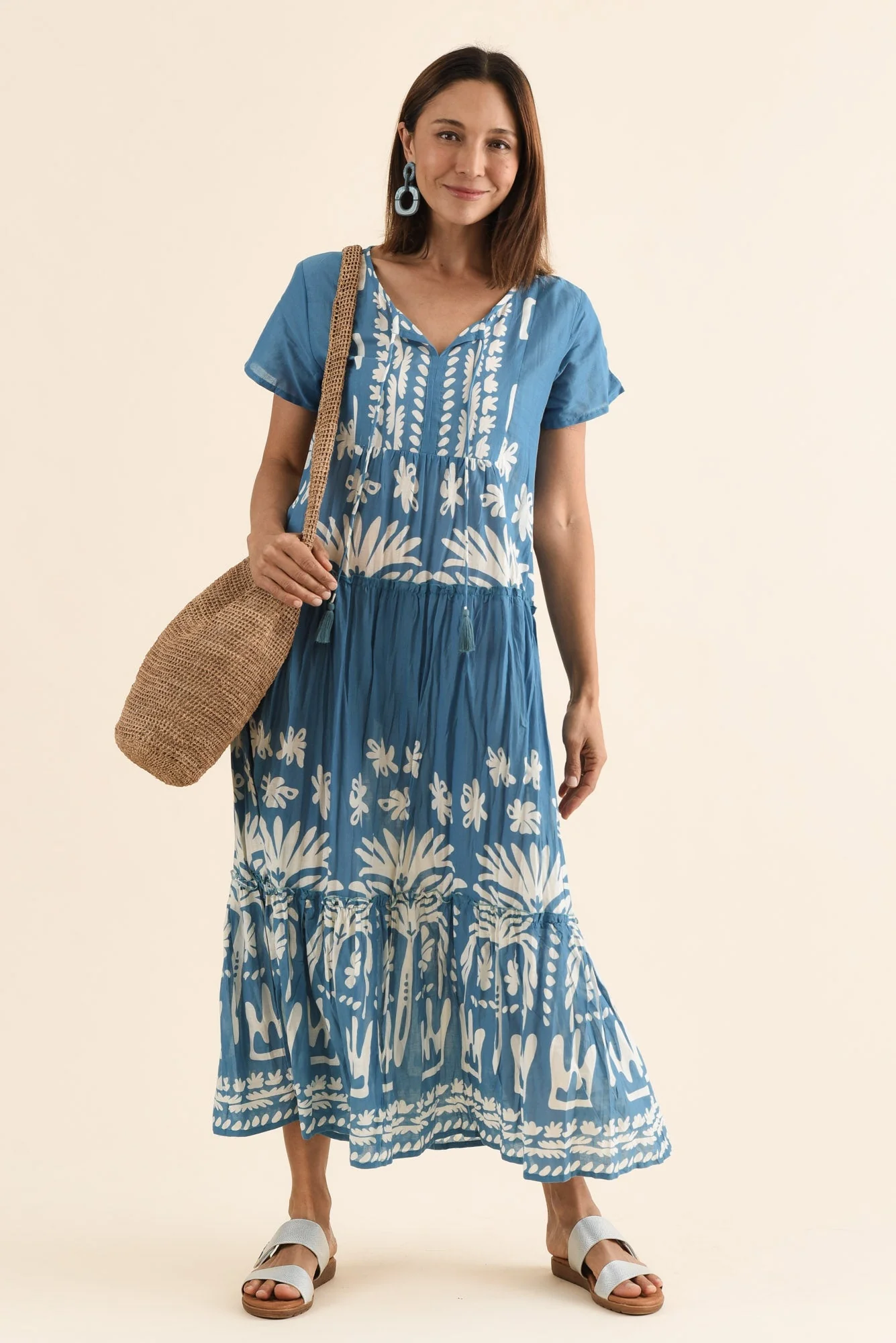 Nona Blue Beach Crinkle Cotton Maxi Dress