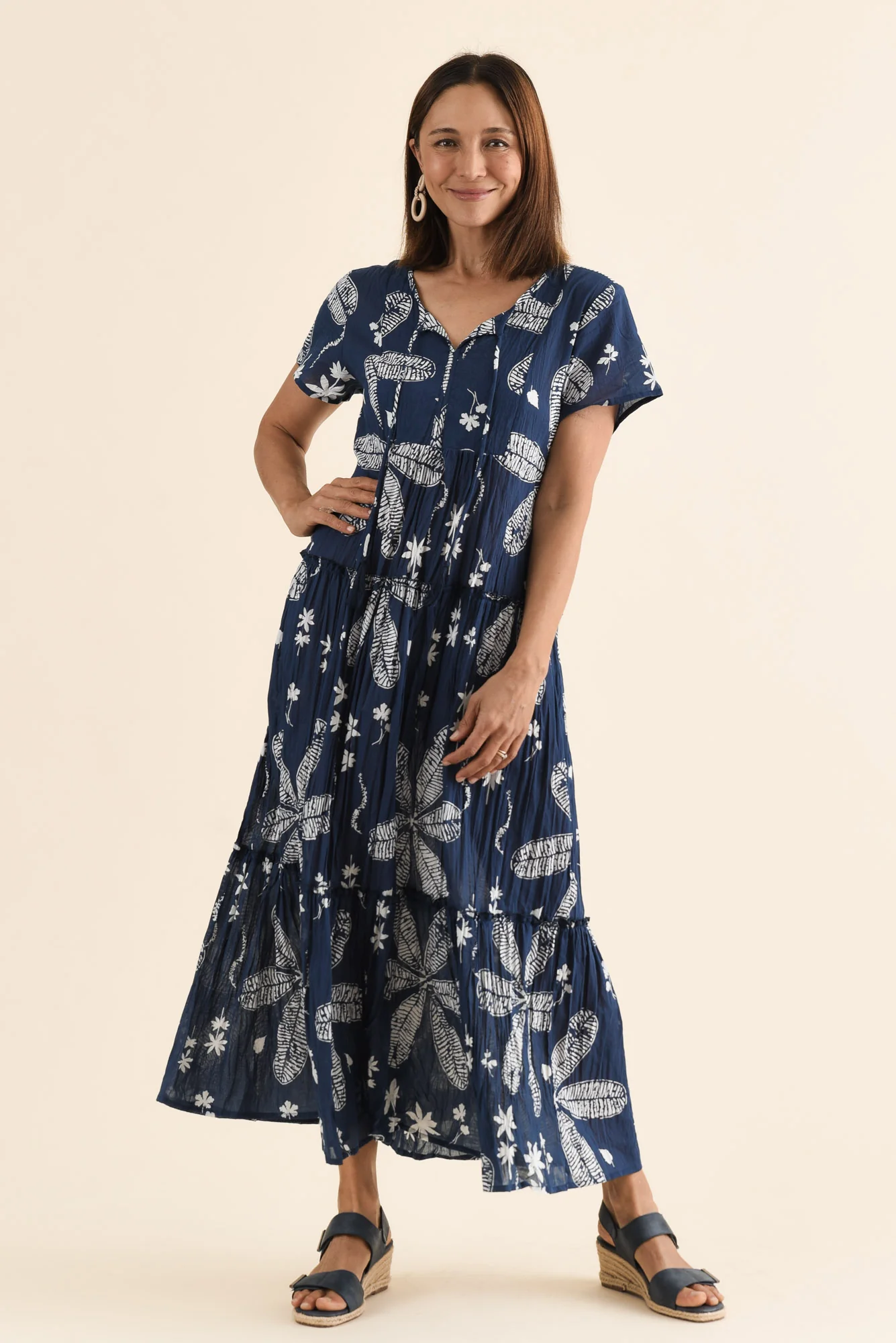 Nona Navy Flower Crinkle Cotton Maxi Dress - Image 2