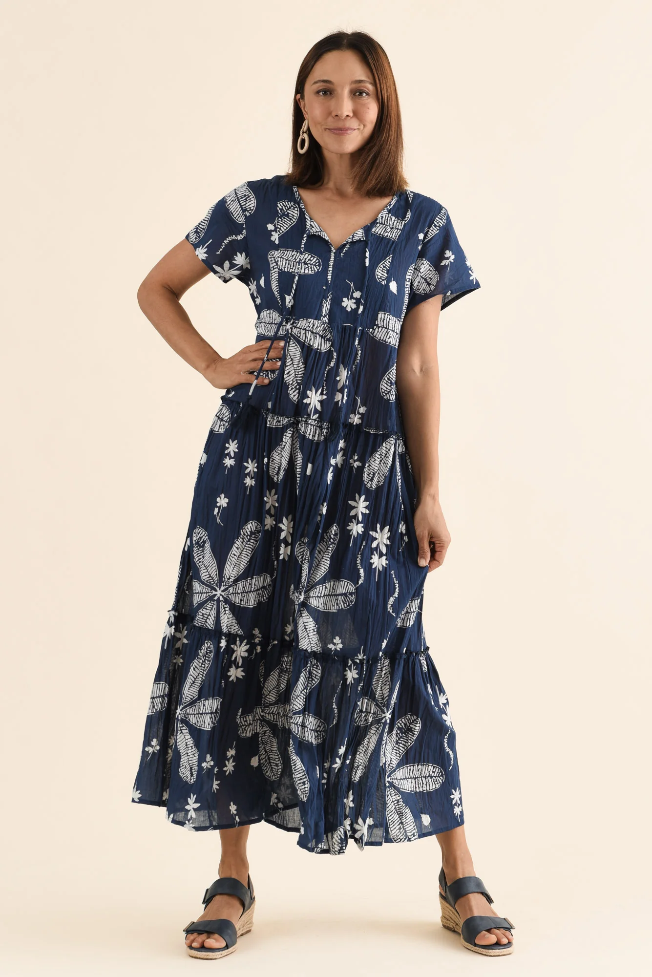 Nona Navy Flower Crinkle Cotton Maxi Dress - Image 6