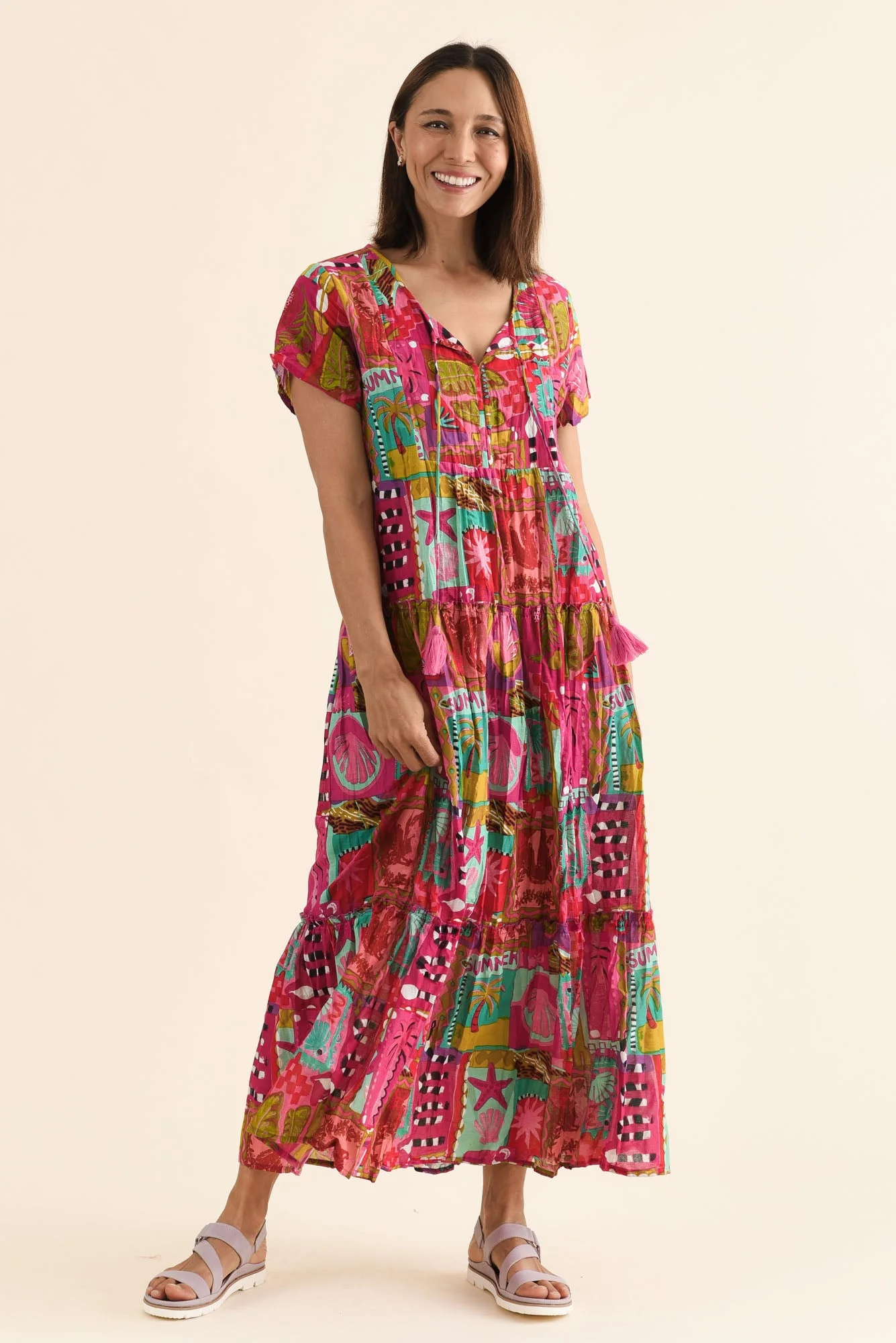 Nona Pink Tile Crinkle Cotton Maxi Dress - Image 2