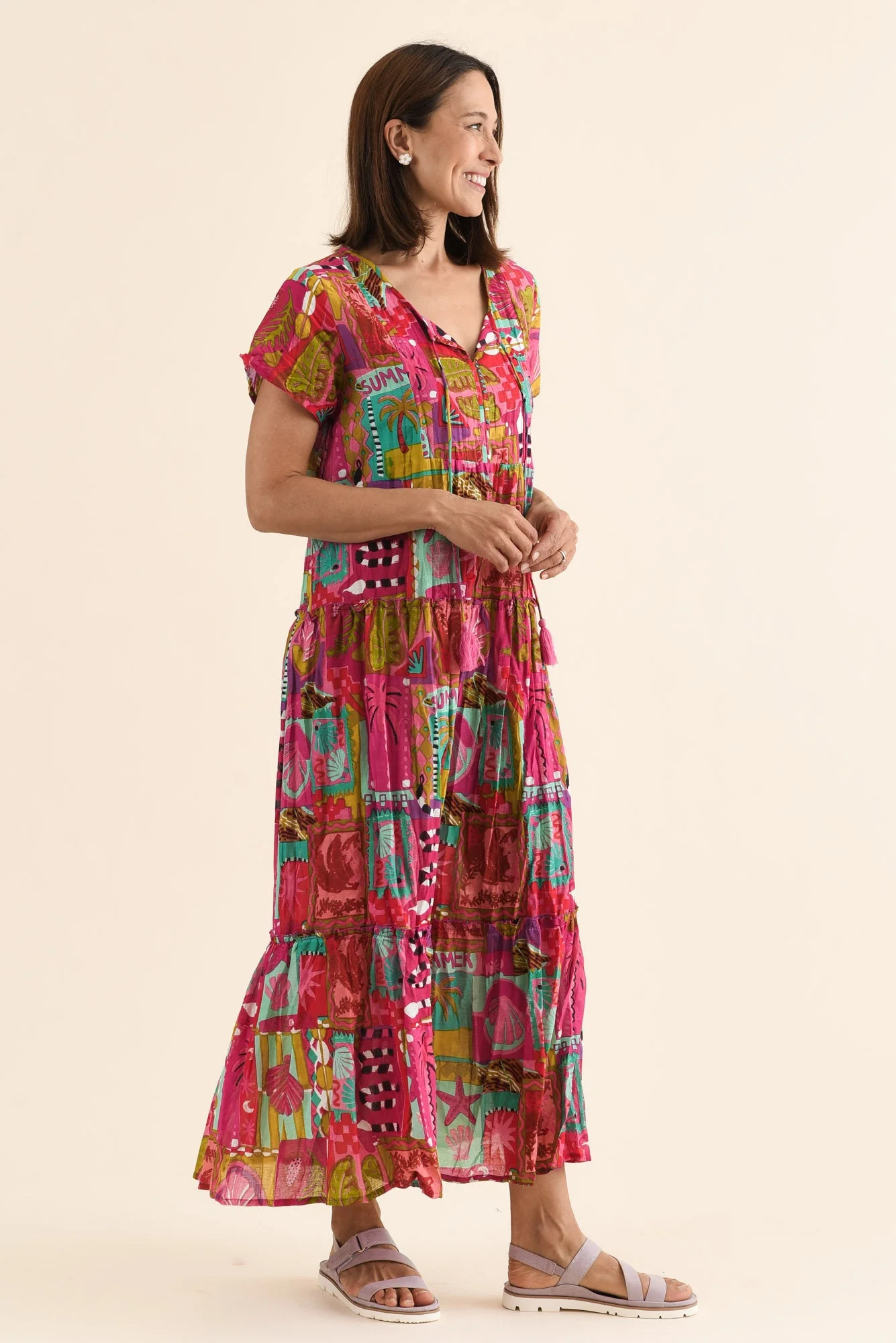 Nona Pink Tile Crinkle Cotton Maxi Dress - Image 3