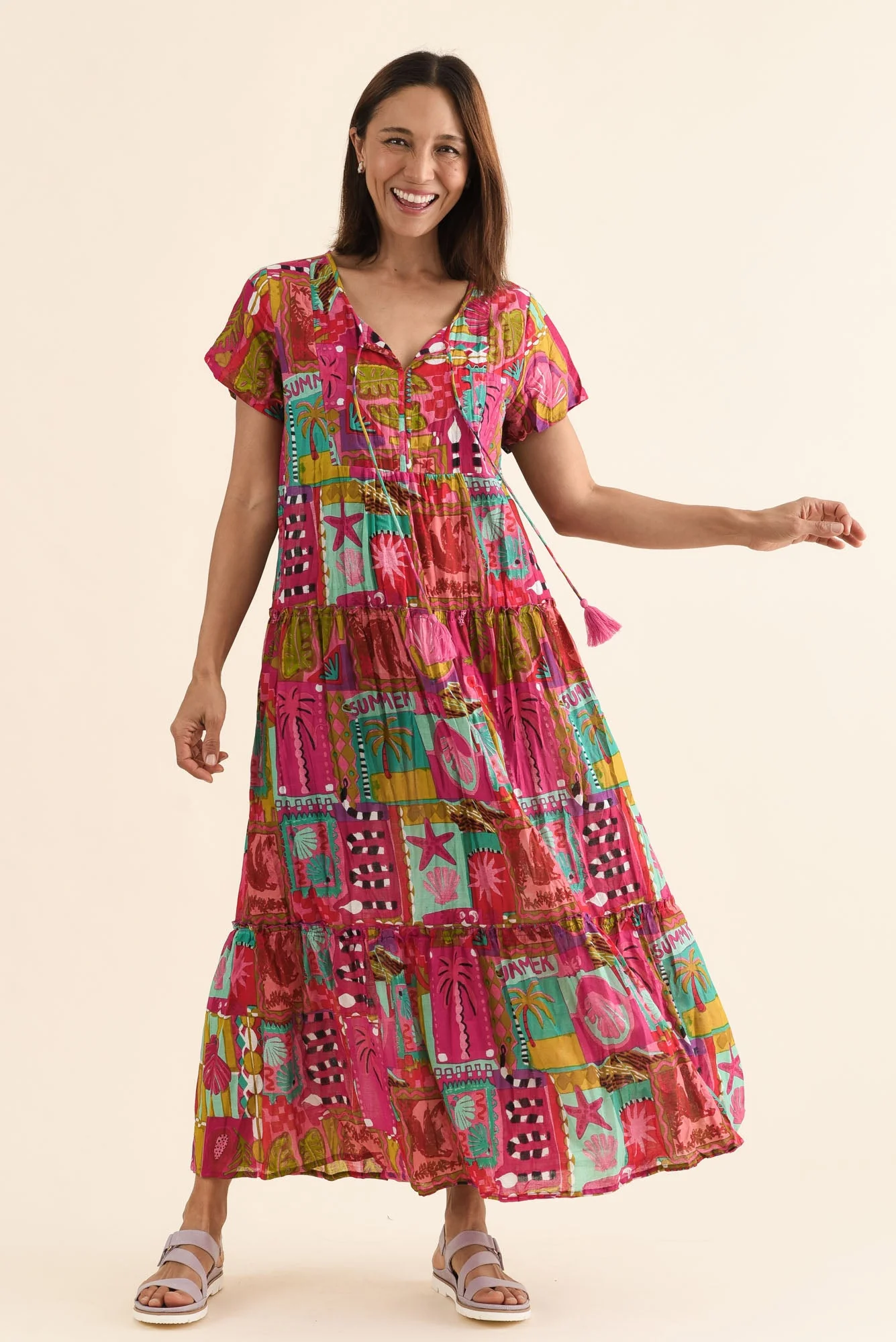 Nona Pink Tile Crinkle Cotton Maxi Dress - Image 6