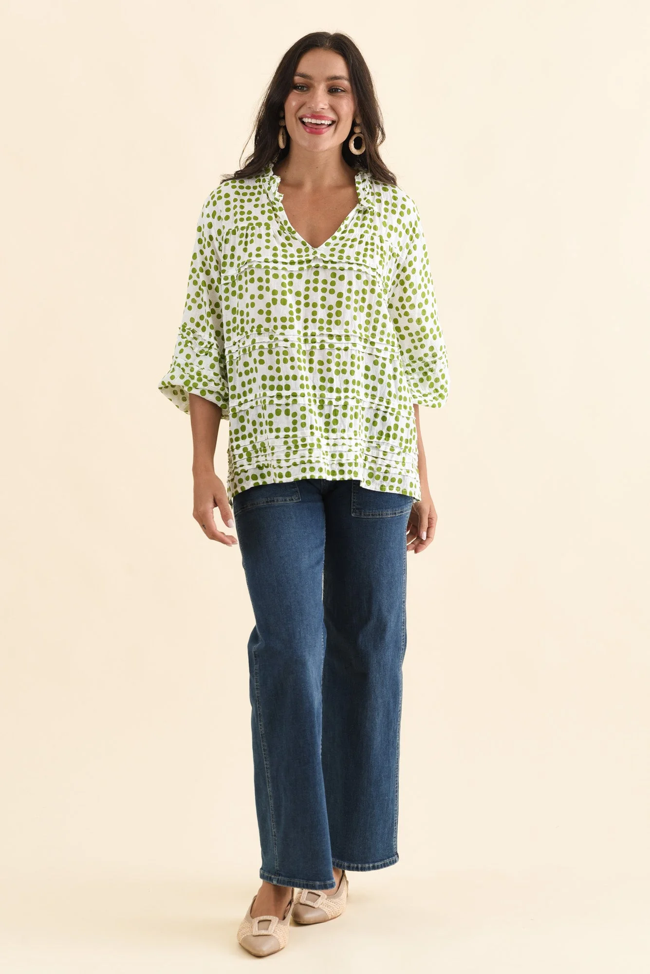 Palmer Green Spot Cotton Long Sleeve Top - Image 6