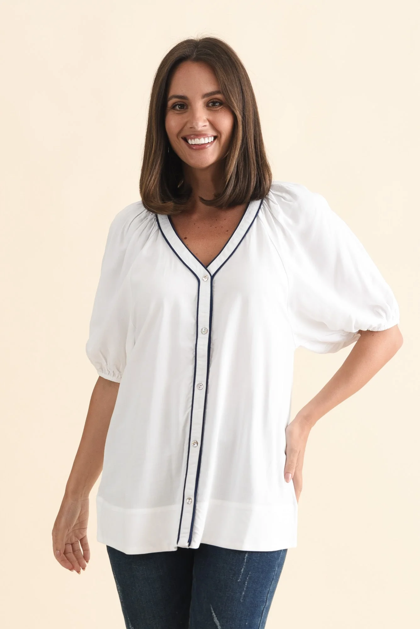 Rio Reef White Contrast Button Blouse