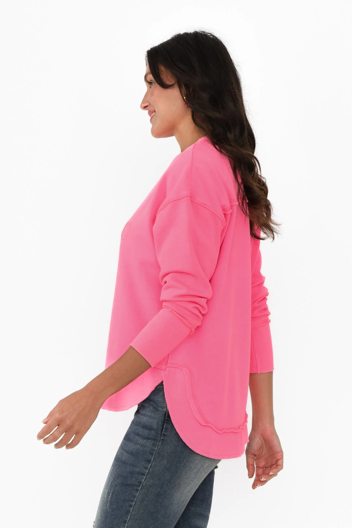 Simplified Bright Pink Cotton Crewneck Sweatshirt - Image 4