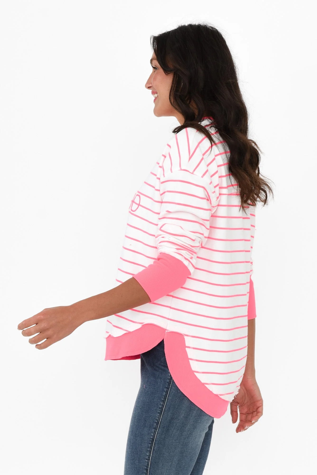 Simplified Pink Stripe Cotton Crewneck Sweatshirt - Image 3
