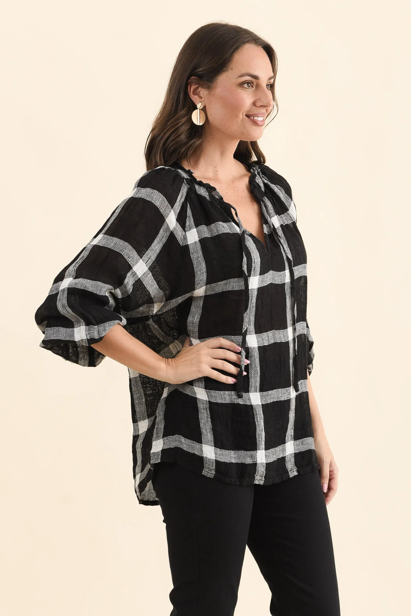 Sussana Black Check Linen Tie Top - Image 3