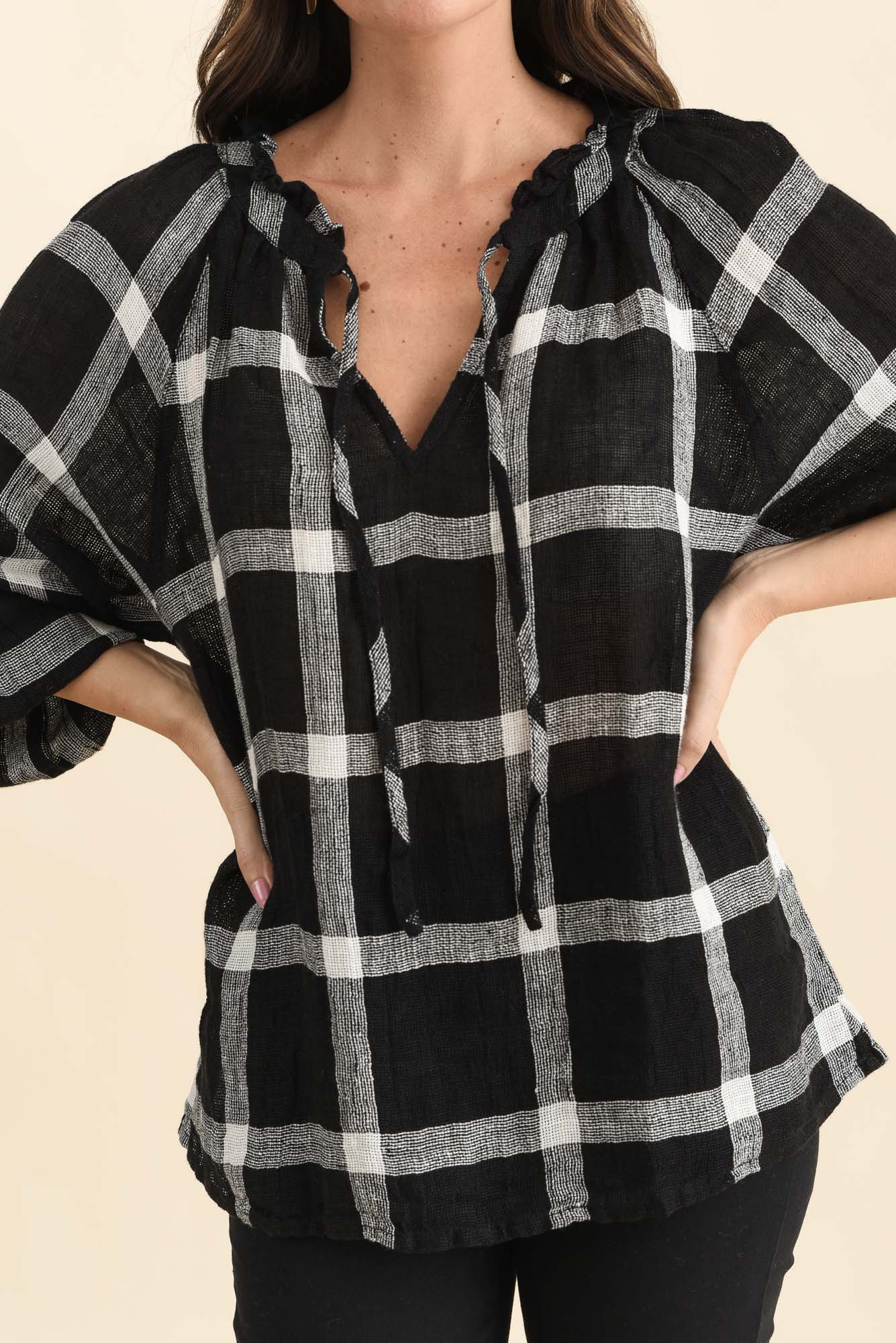 Sussana Black Check Linen Tie Top - Image 5