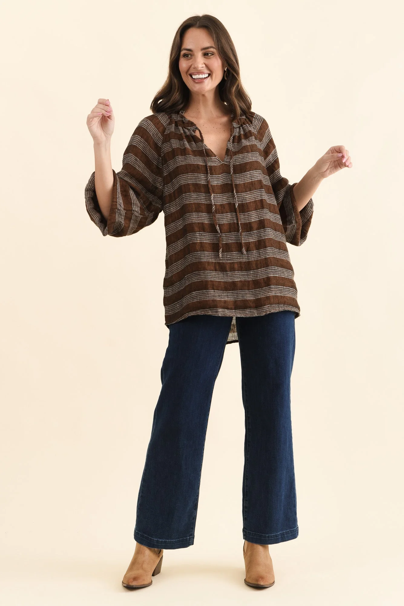 Sussana Bronze Stripe Linen Tie Top - Image 6