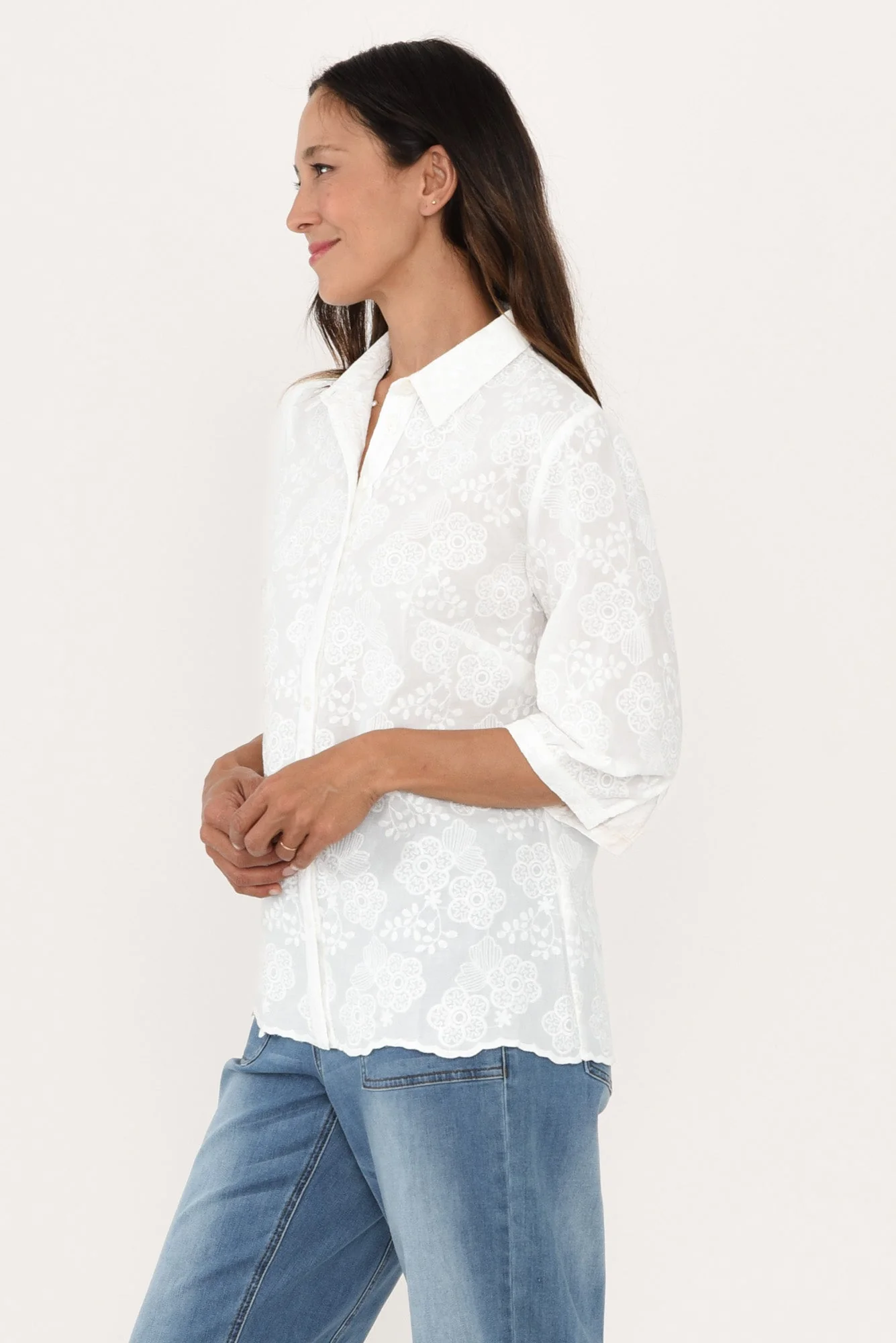 Thea White Flower Embroidered Cotton Shirt - Image 3